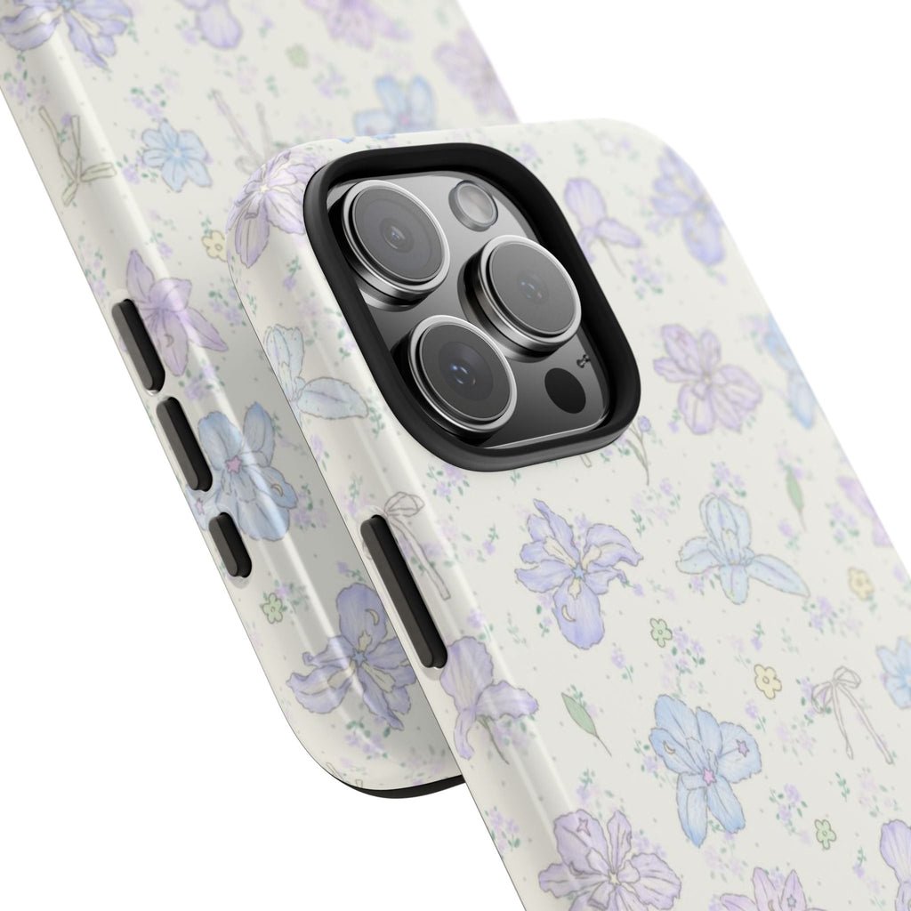 Pastel lily floral phone case angled view showing camera cutout and matching print