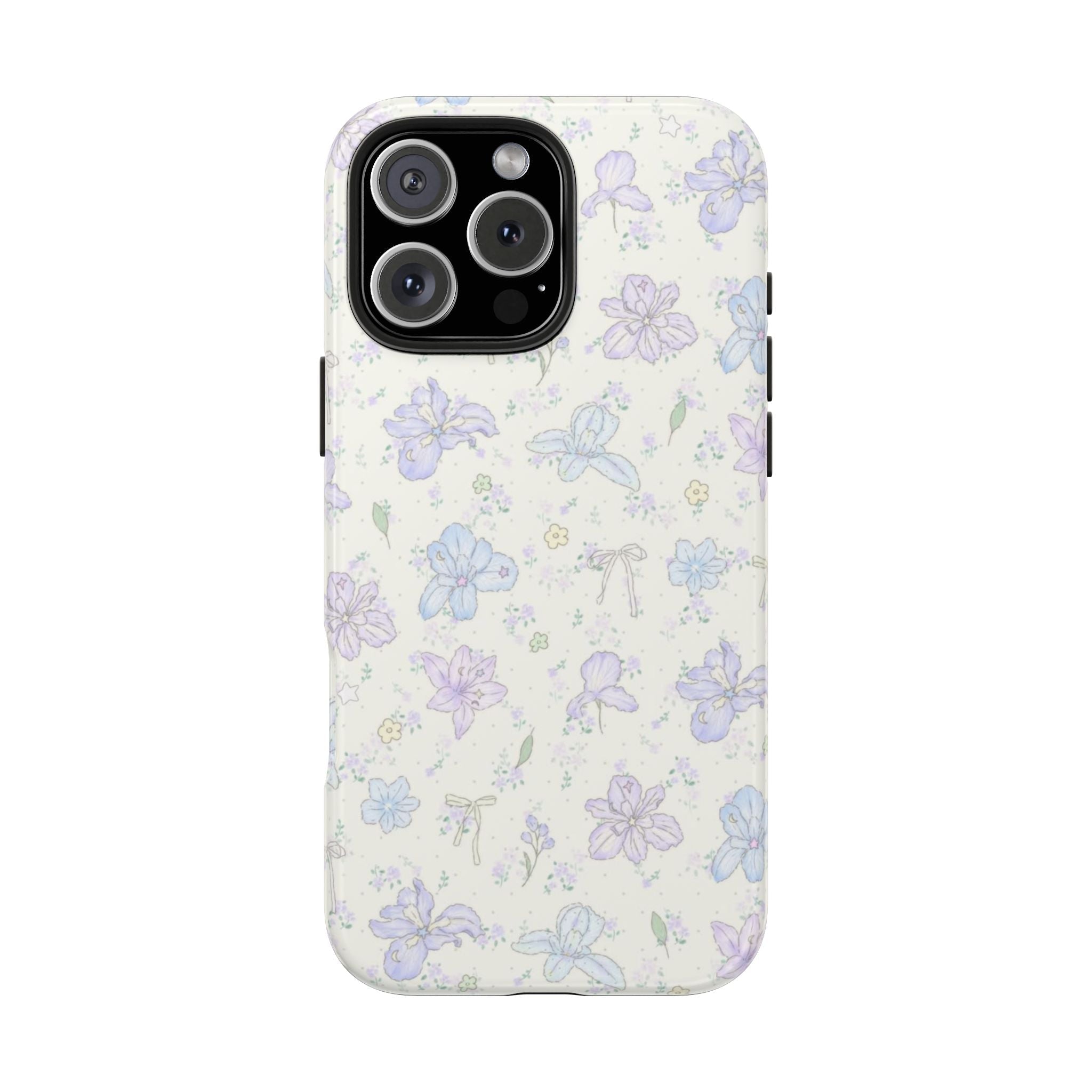 Pastel lily floral phone case with purple and blue flowers on a light background