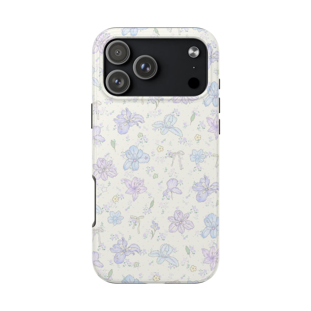 Pastel lily floral phone case with lilac-blue flower pattern and camera cutout