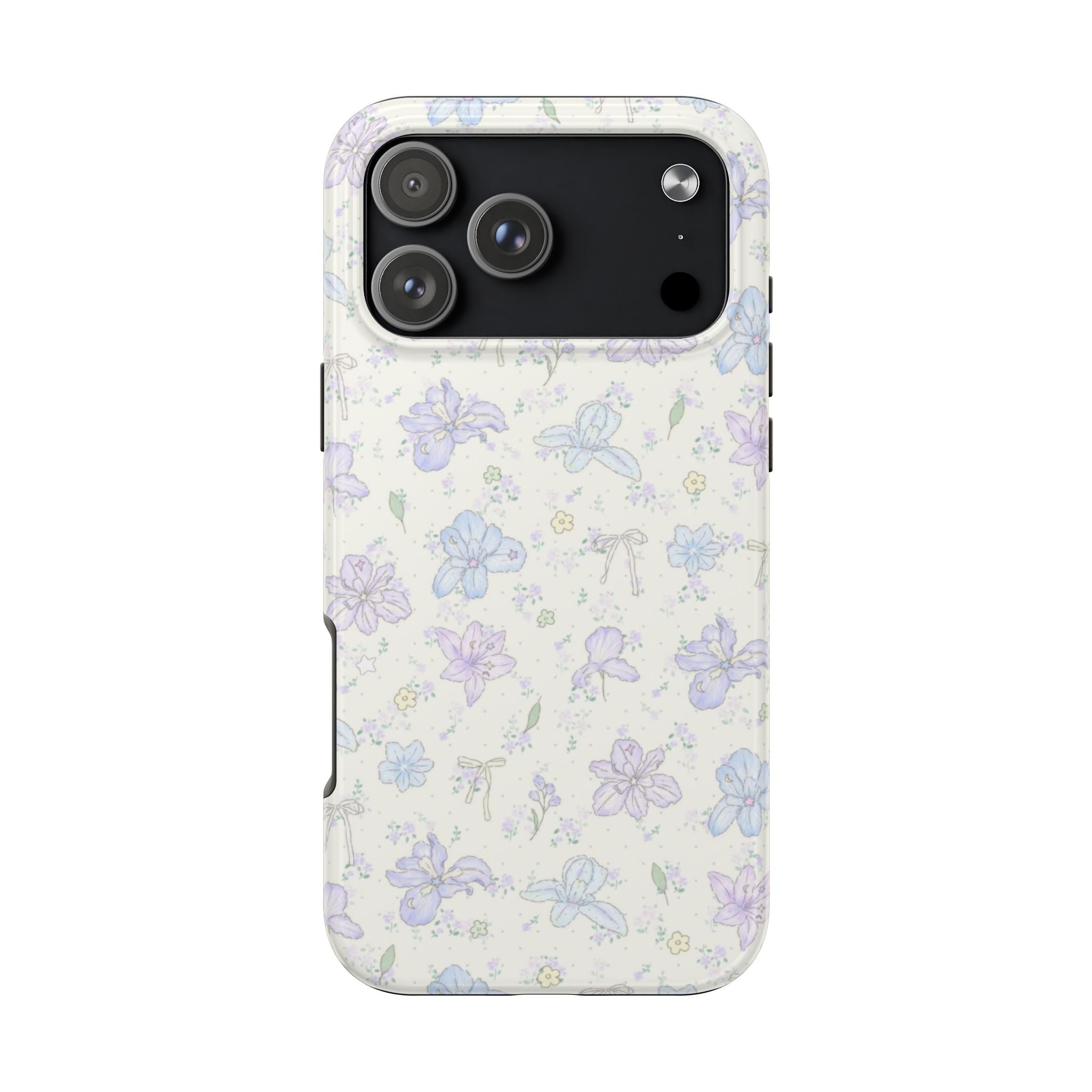 Pastel lily floral phone case with lilac-blue flower pattern and camera cutout