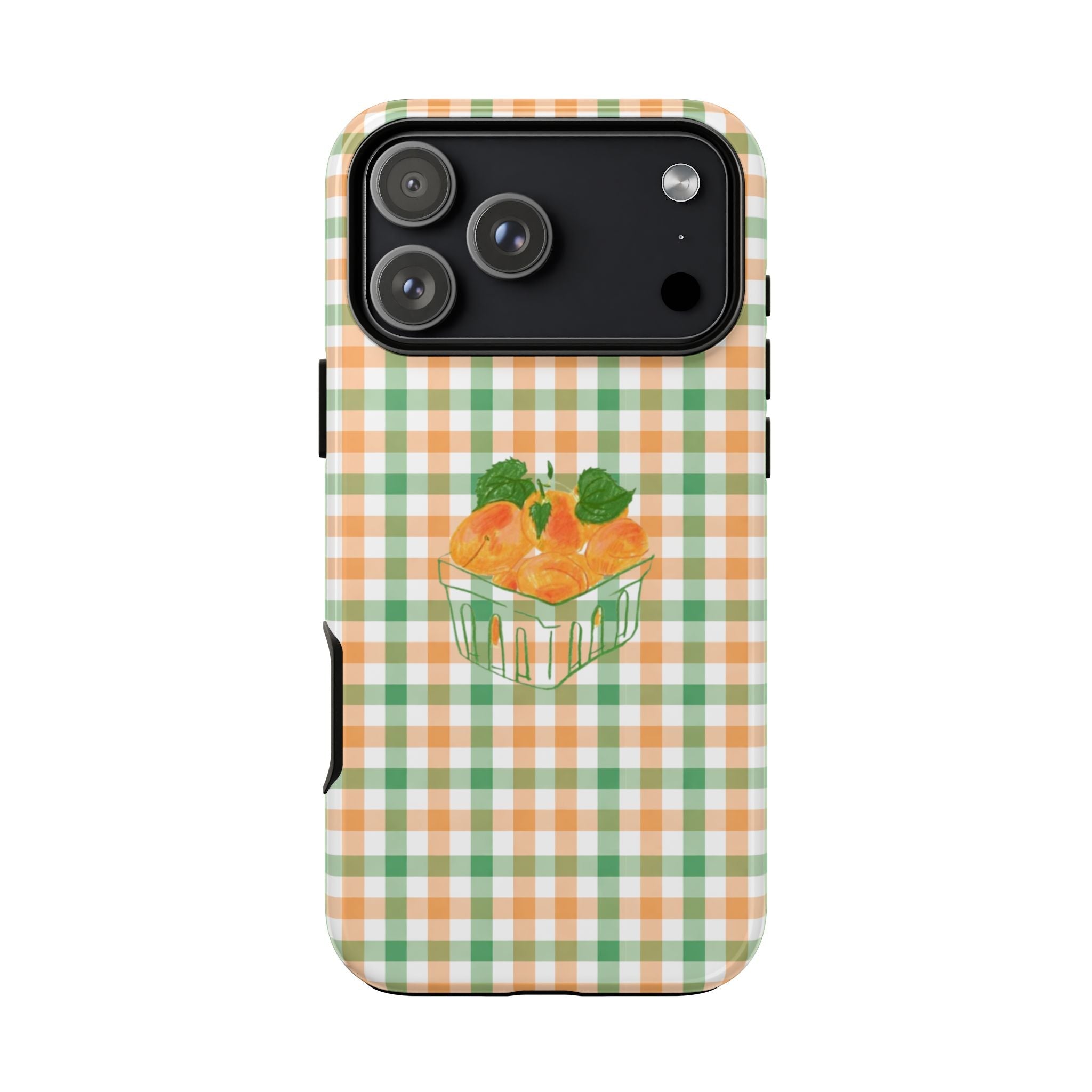 Phone case in orange and green gingham pattern with peach drink illustration over camera