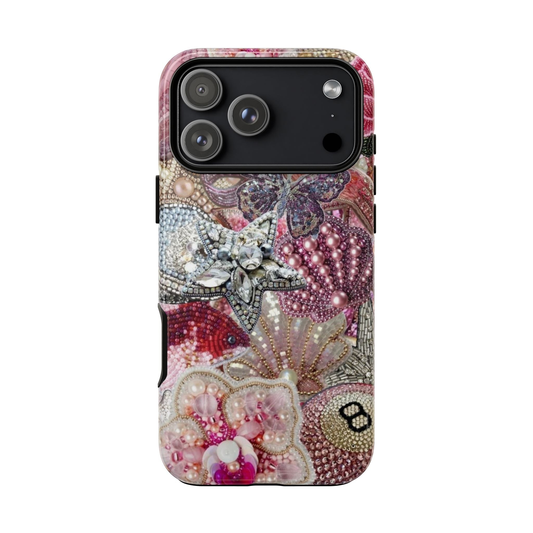 Pearl-embellished phone case with jeweled floral motif and pearl bead accents