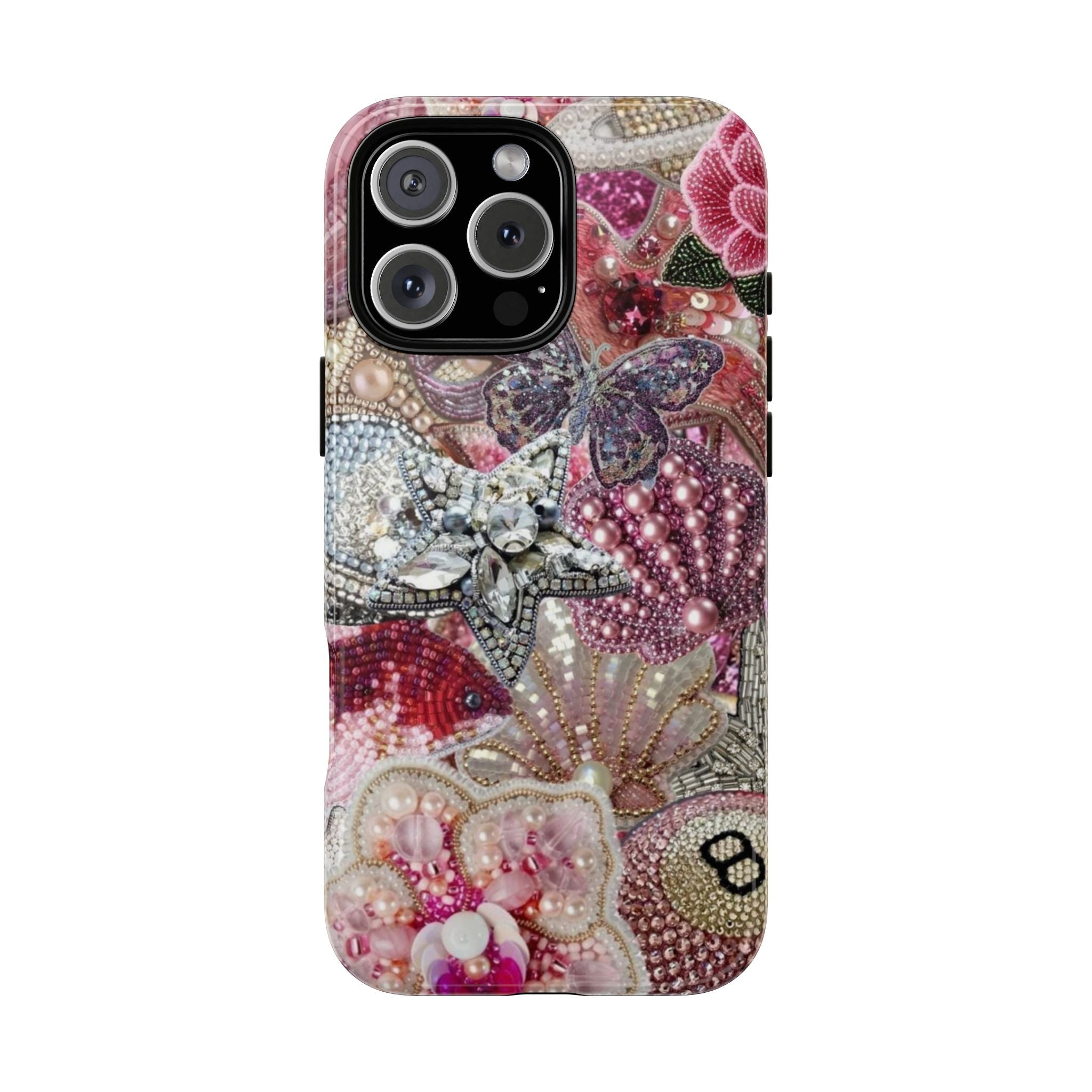 Pearl-embellished phone case with multicolor gem-and-floral mosaic design