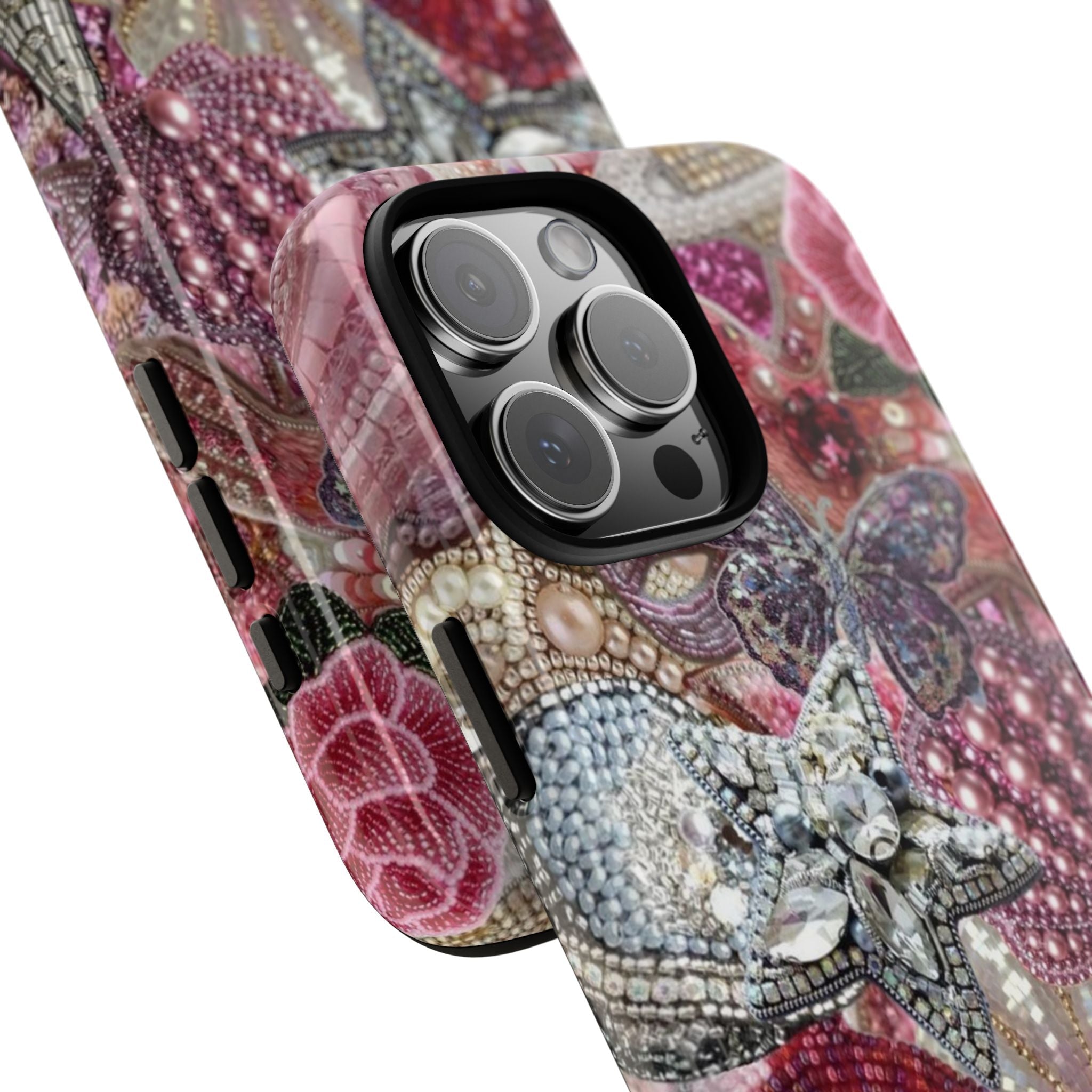 Pearl-embellished phone case, side view showing cutouts and colorful beaded mosaic