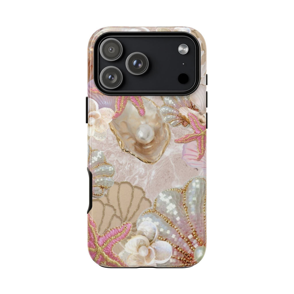 Pearl sea shell daydream phone case, faux pearls and starfish pattern across back