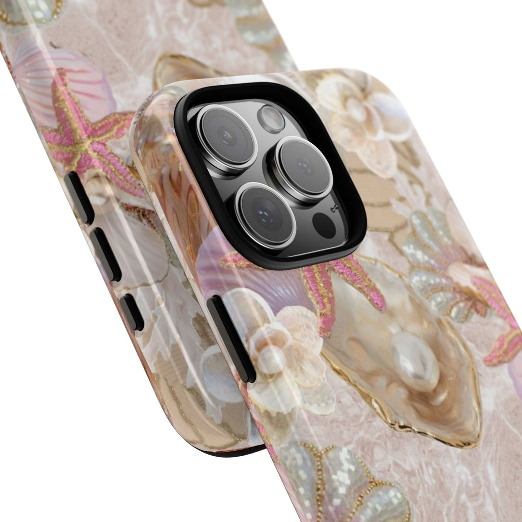 Pearl sea shell daydream phone case, angled view with raised camera cutout details