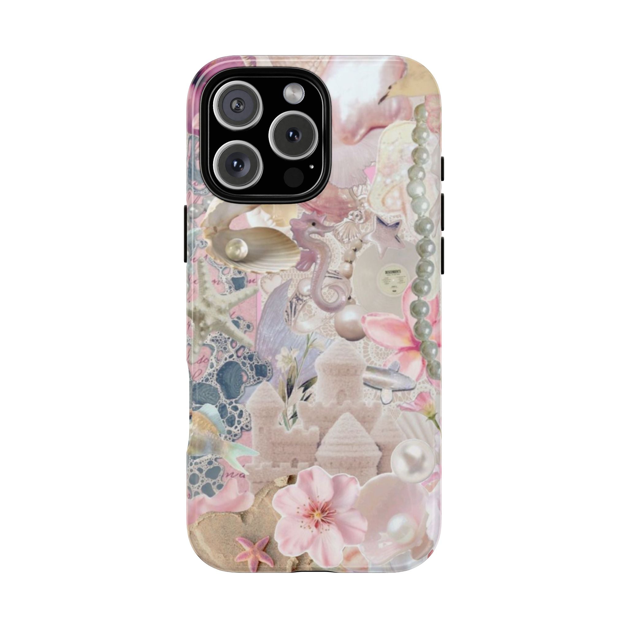 Pearl shell sand castle phone case with pastel seashell and starfish pattern