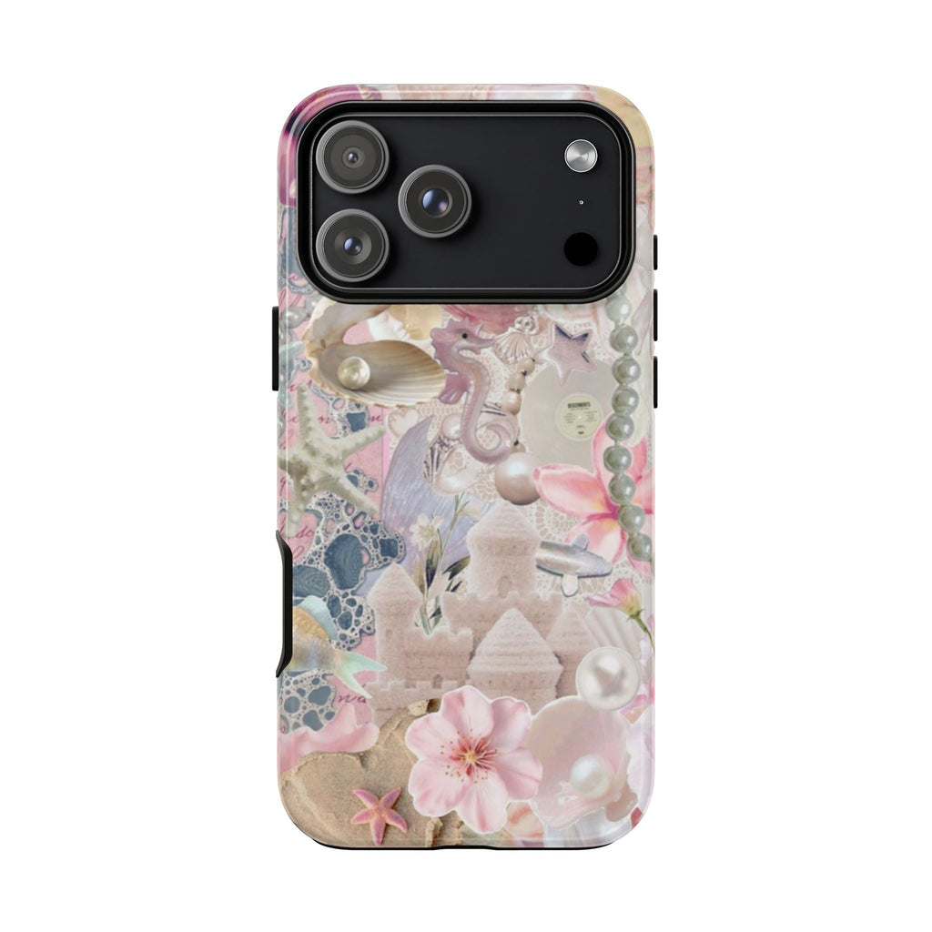 Pearl shell sand castle phone case, pastel seascape design with seashell details