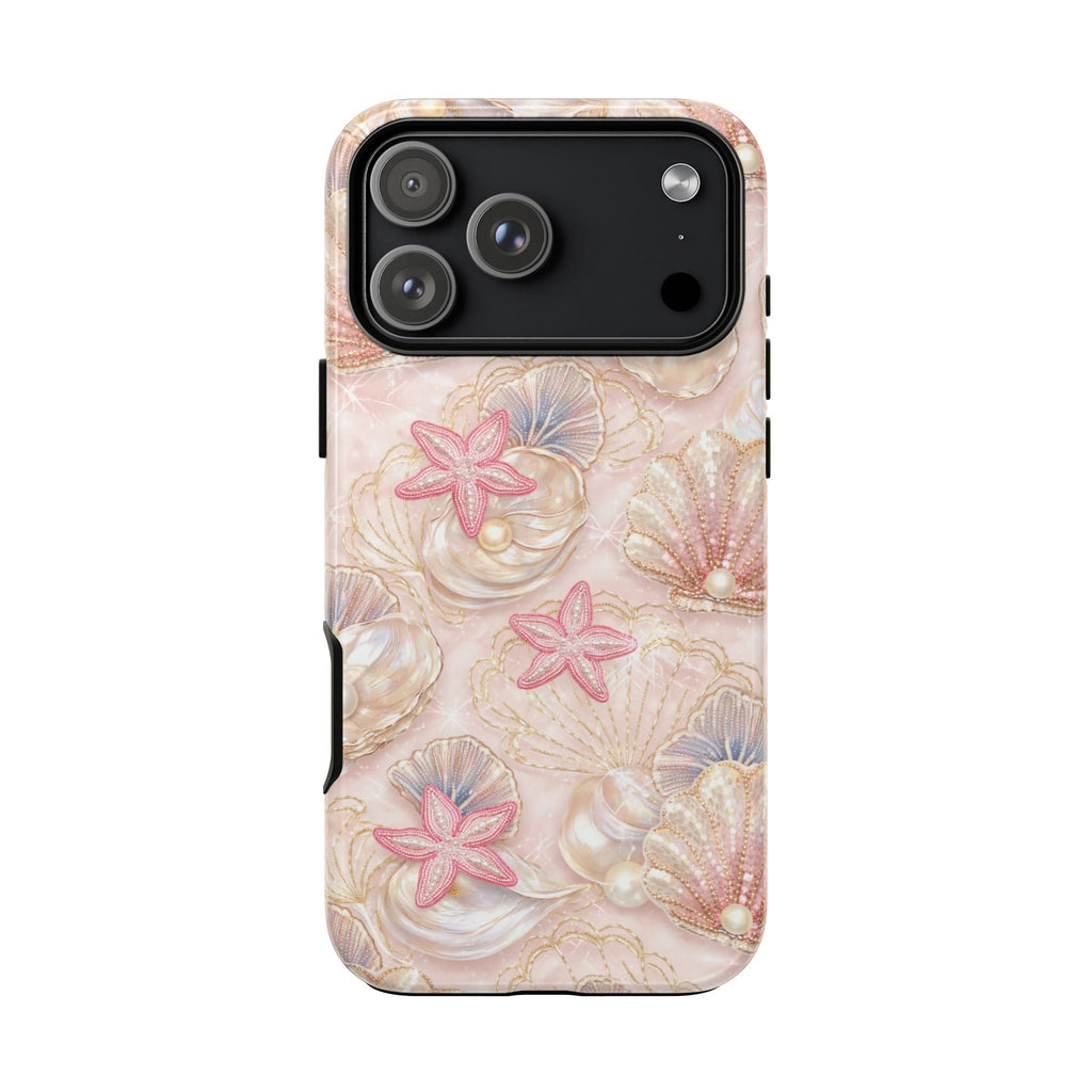 Pearled seashell phone case with pink starfish and glossy pearl shell accents