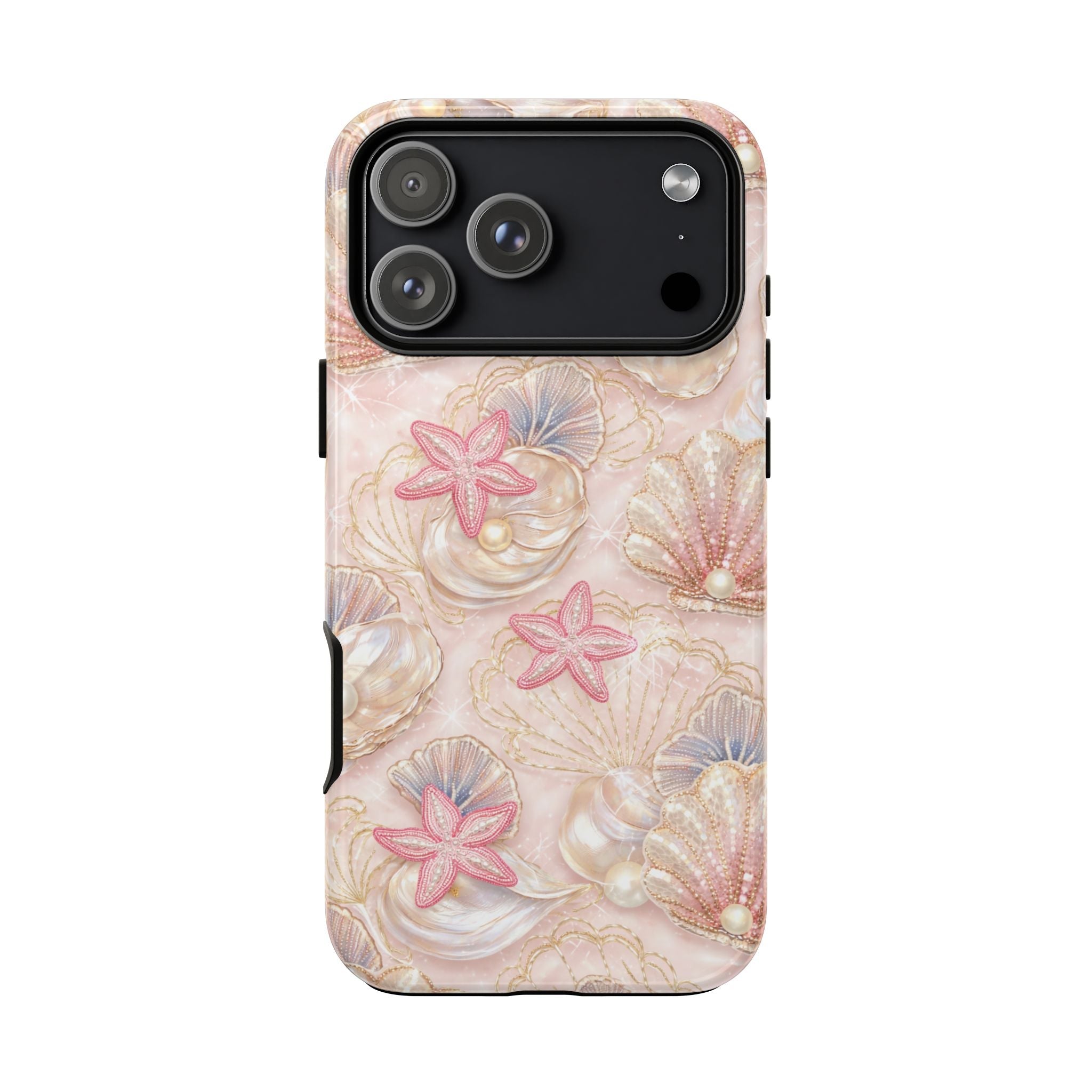 Pearled seashell phone case with pink starfish and glossy pearl shell accents