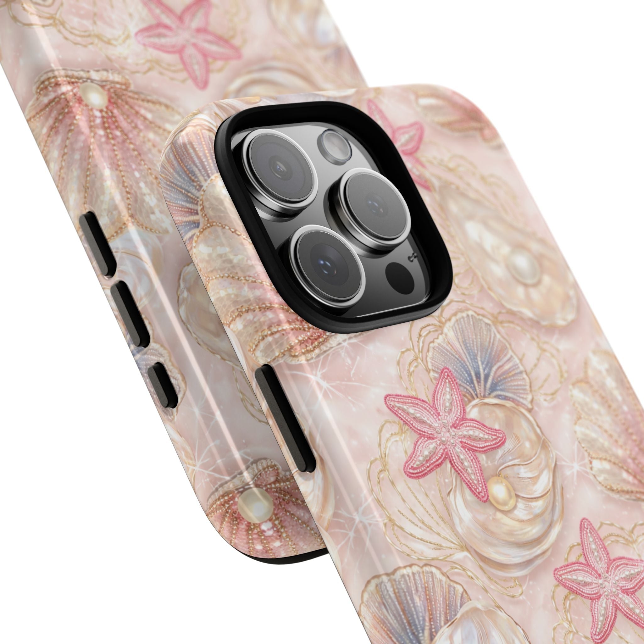 Pearled seashell phone case showing side cutout and raised camera with starfish design