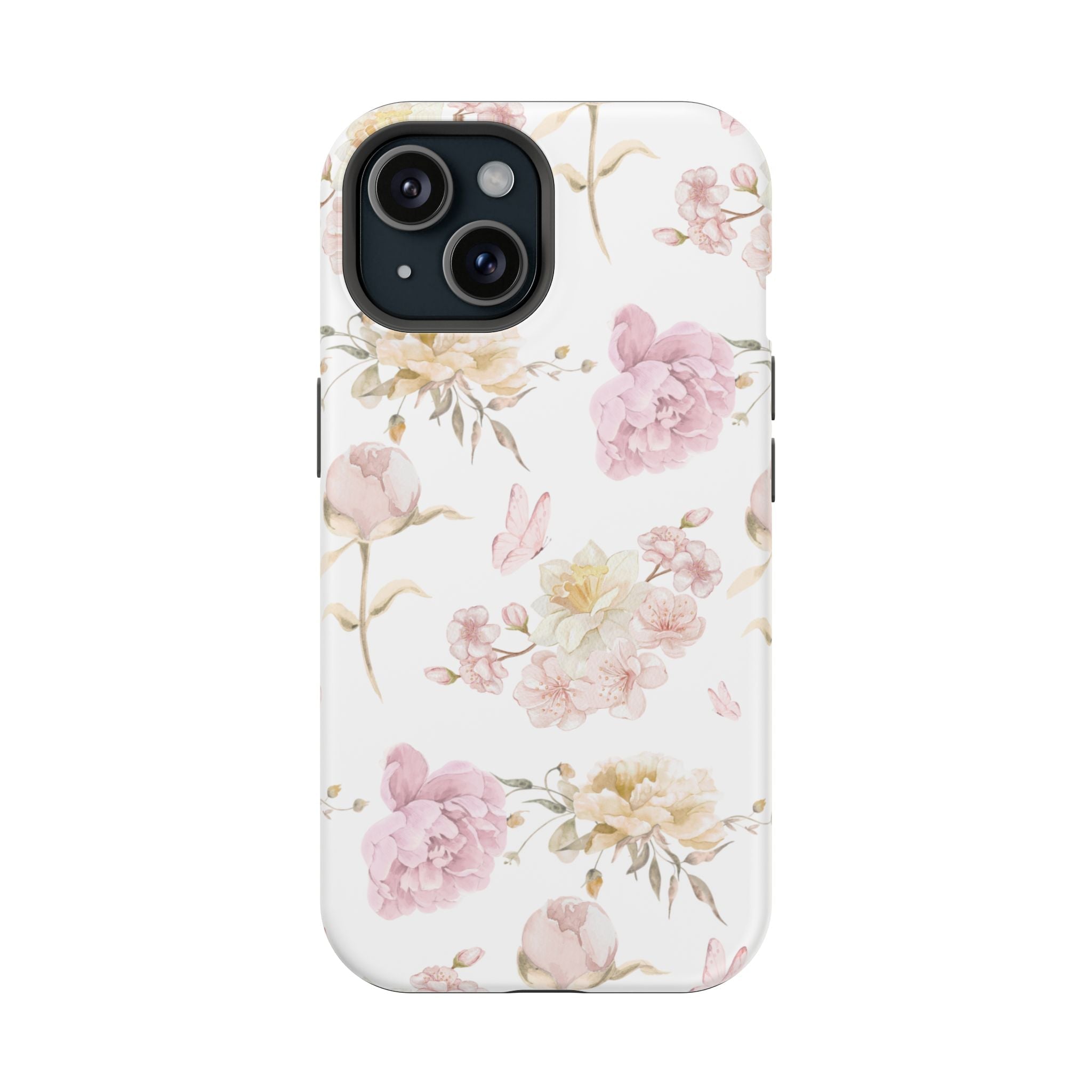 Peonies floral phone case with soft pink flowers on a white back, cutouts for cameras