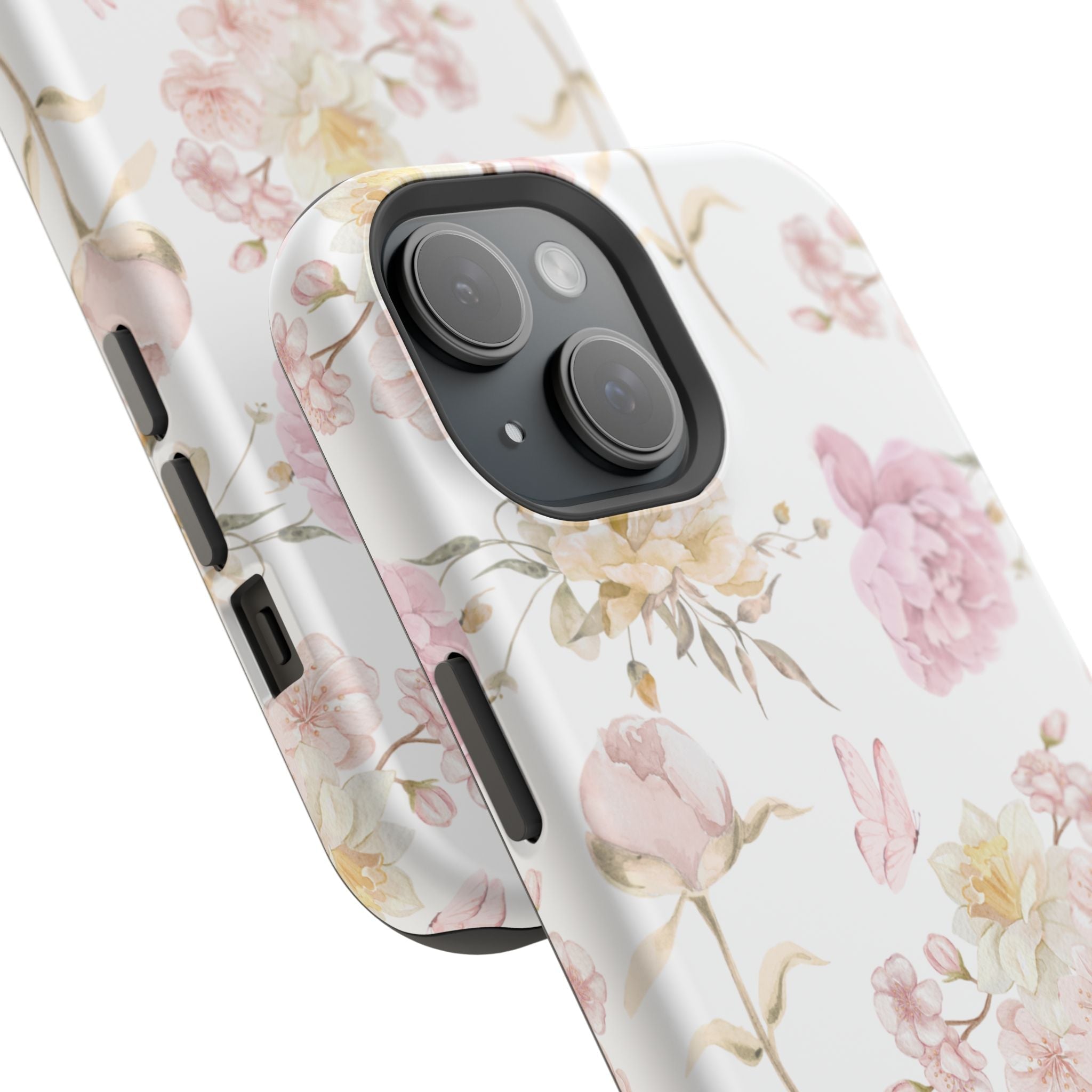 Peonies floral phone case, angled view; white back with pink blooms and camera cutout