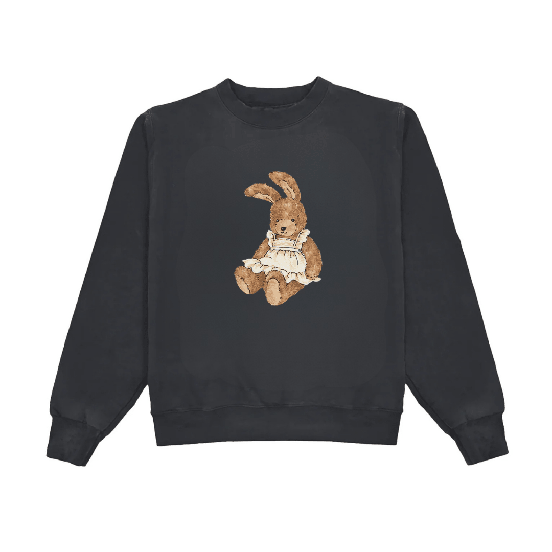 Dark crewneck sweatshirt with brown bunny wearing dress graphic on front