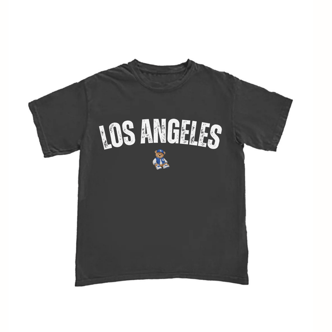 Black Los Angeles graphic T-shirt with small cartoon character logo