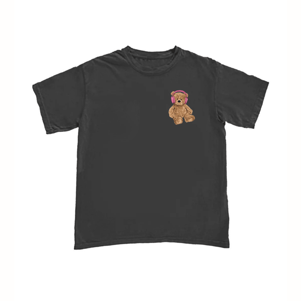 Black teddy bear headphones graphic T-shirt, crew neck short sleeves