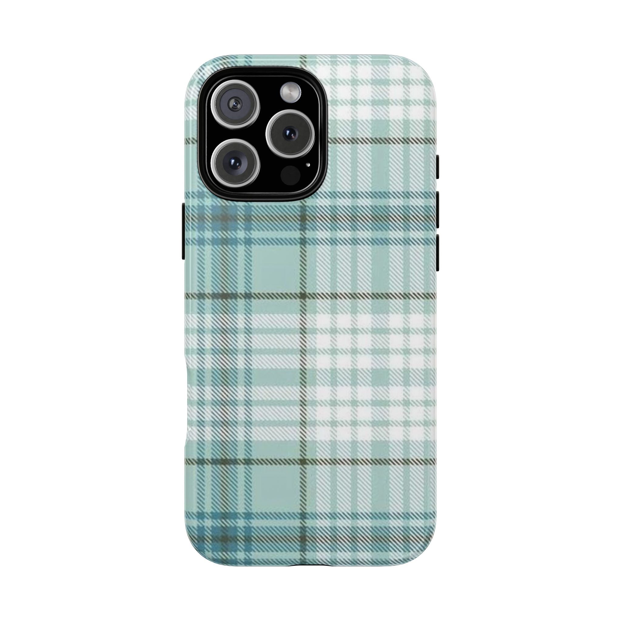 Peppermint plaid phone case with mint, blue, and white check pattern