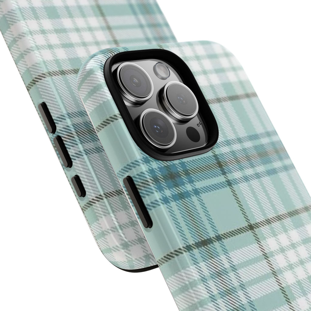 Mint plaid phone case with camera openings and side button cutouts