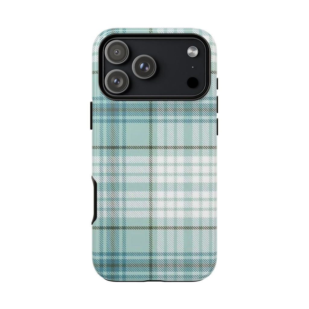 Peppermint plaid phone case, mint and blue grid with raised camera cutouts