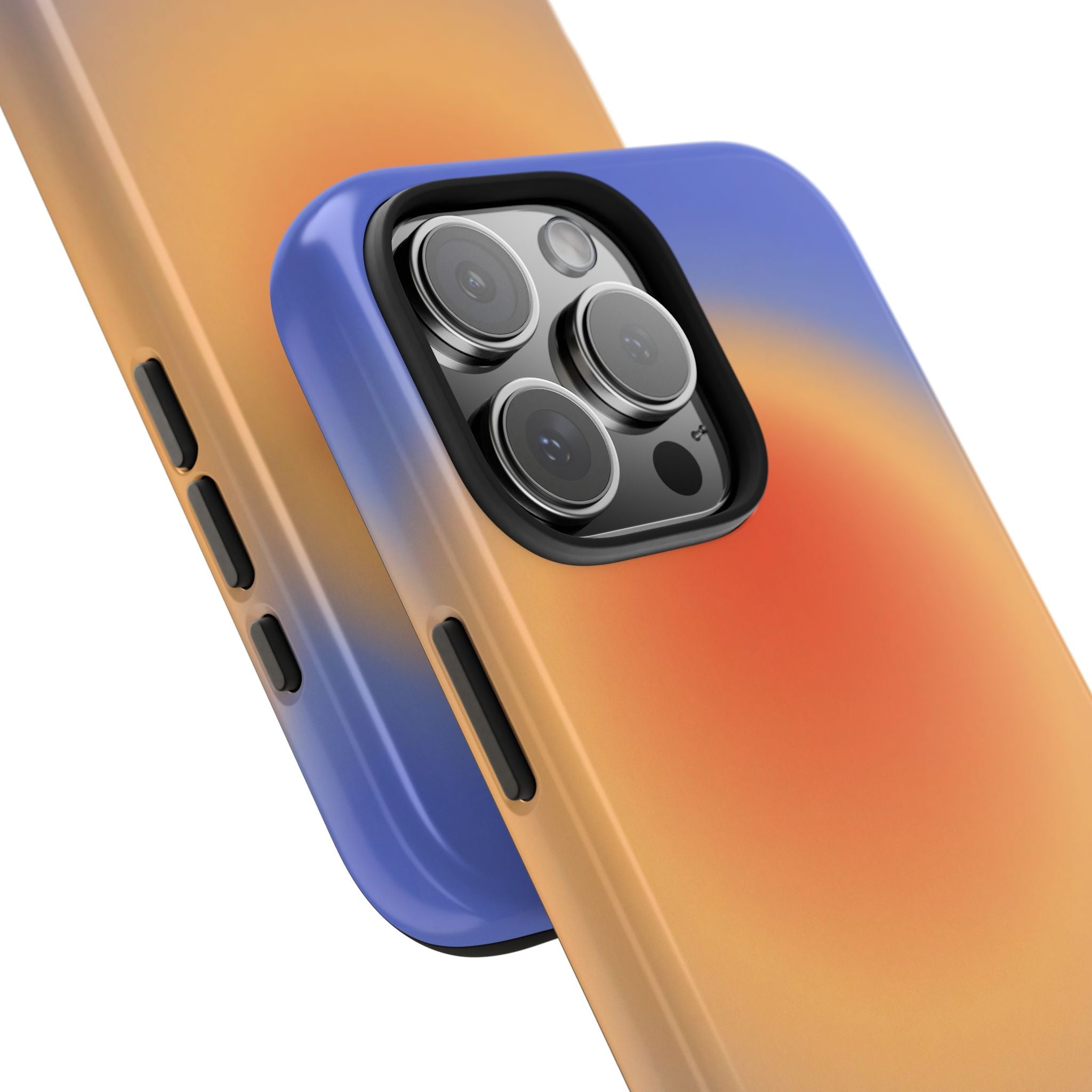 Close-up of periwinkle and orange aura phone case with lens rings and side buttons