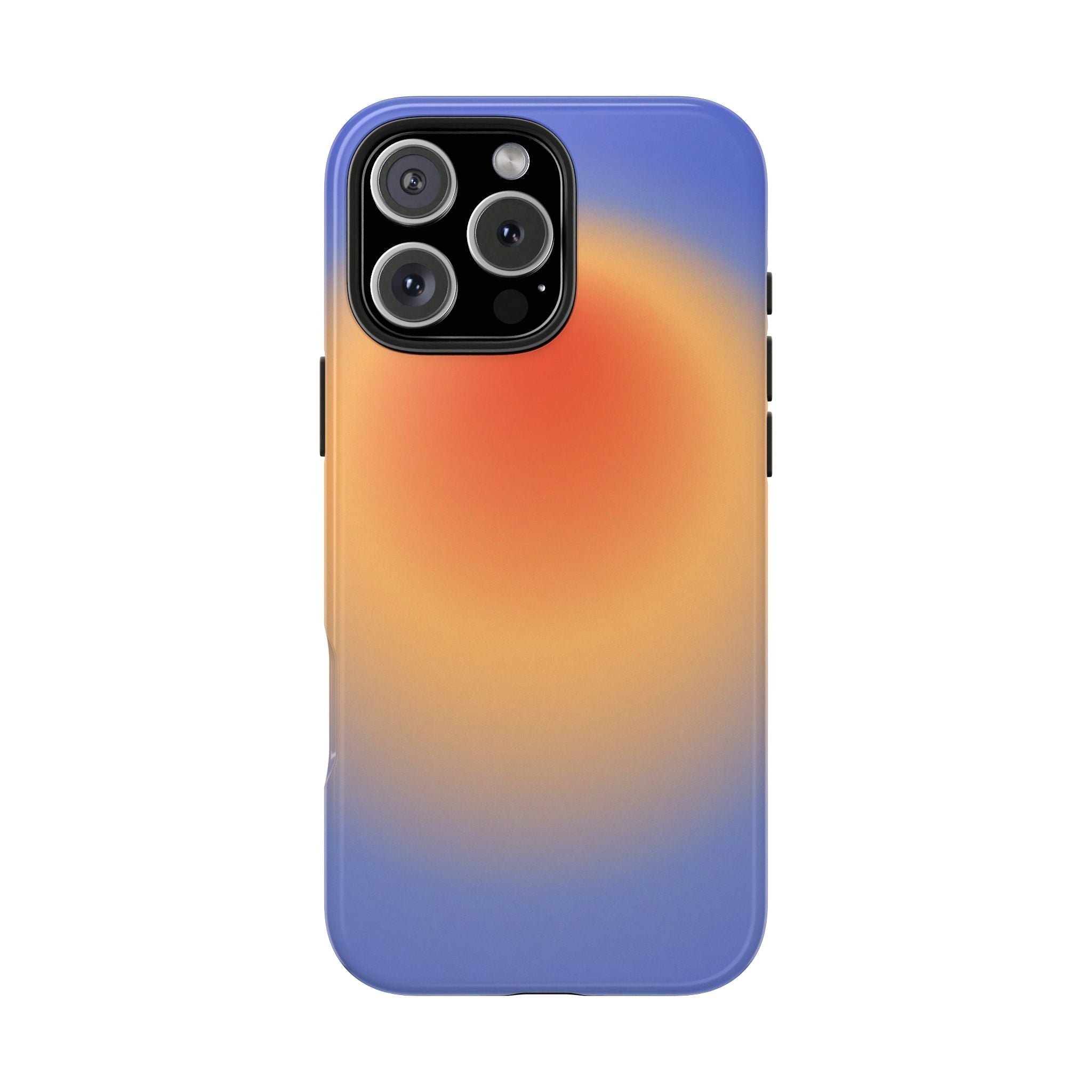 Periwinkle and orange aura phone case with four-lens camera module and cutouts