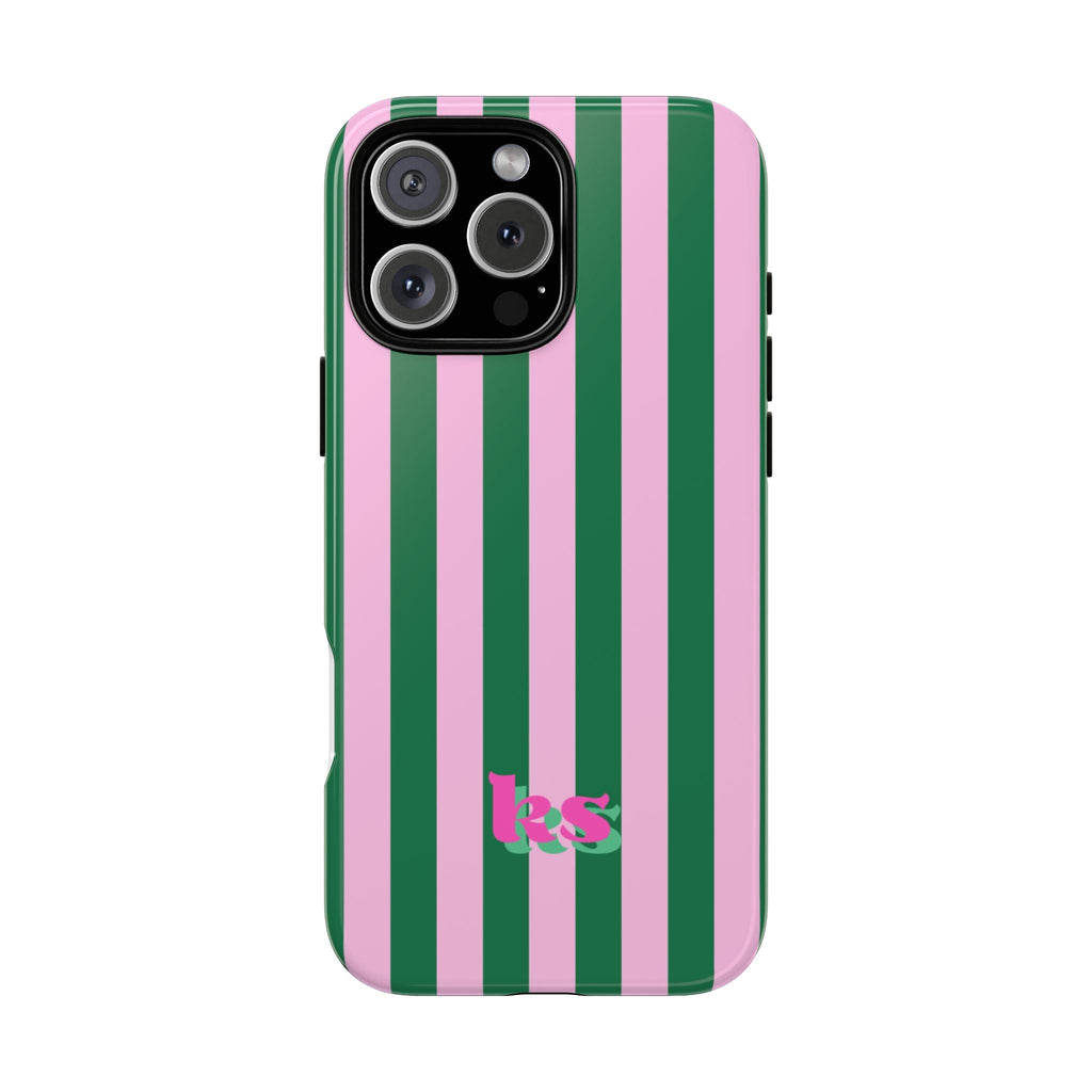 Personalized phone case with pink and green vertical stripes and magenta initials