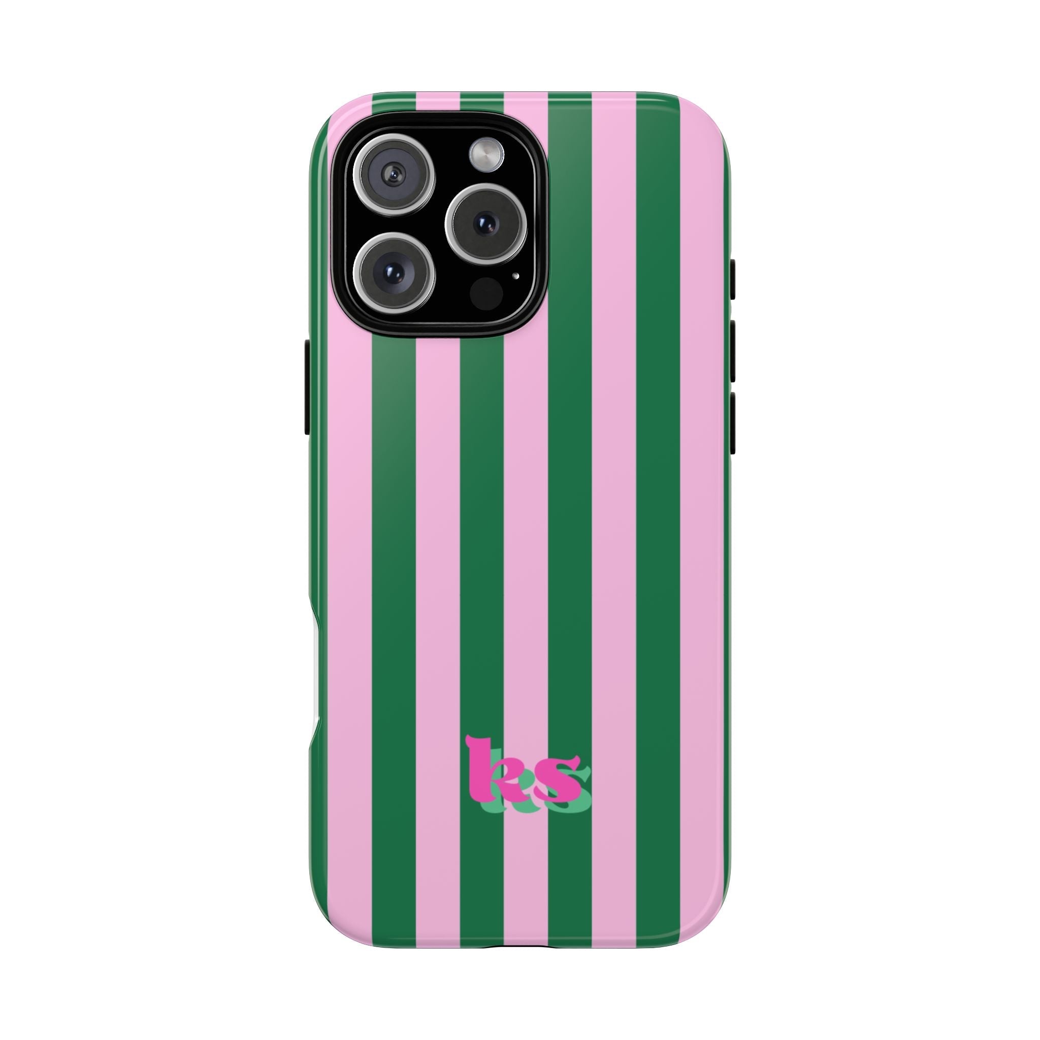 Personalized phone case with pink and green vertical stripes and magenta initials