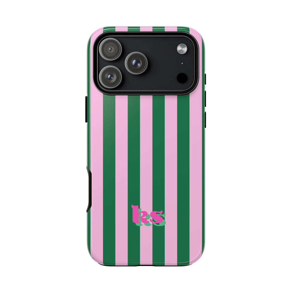 Front view phone case with pink/green vertical stripes and magenta initials