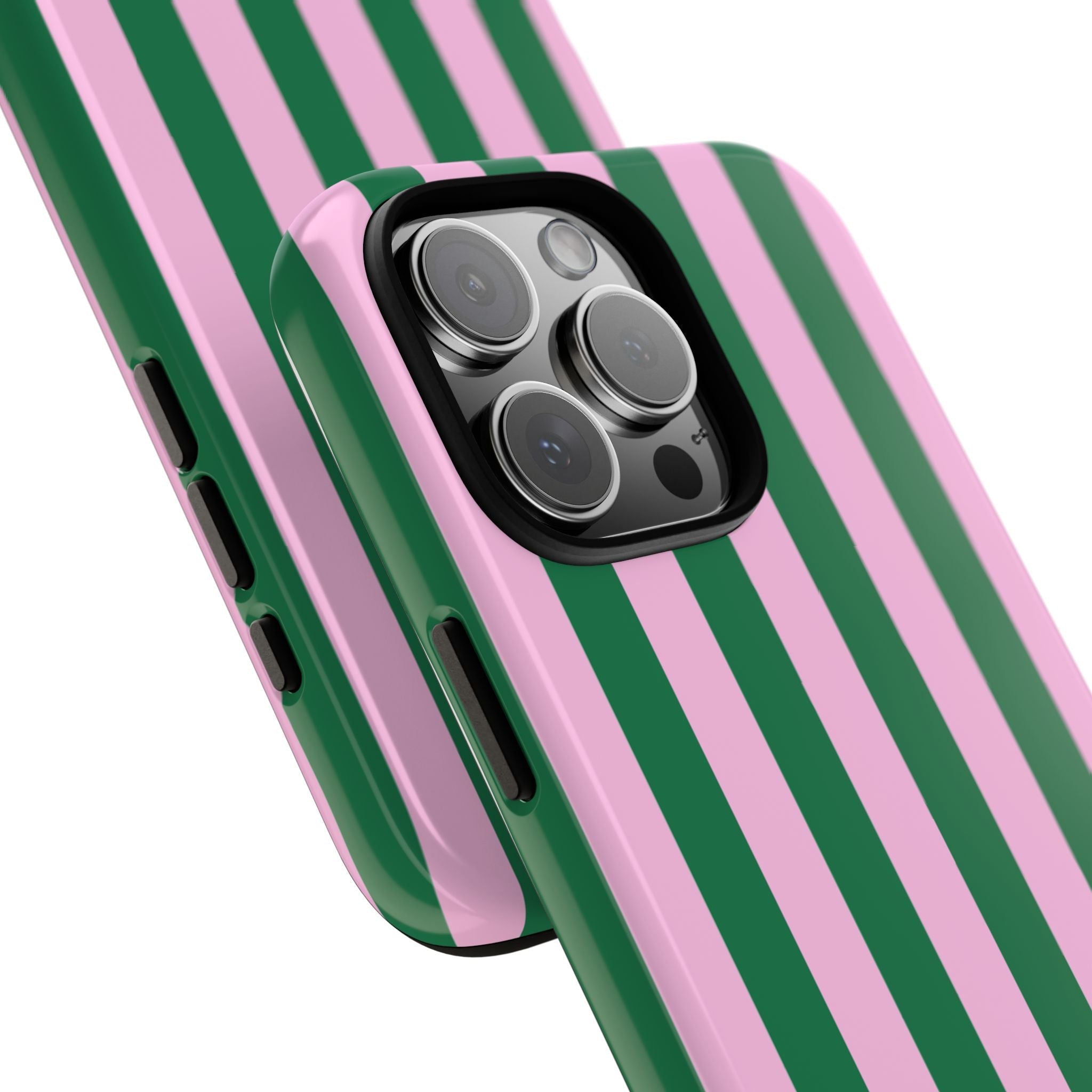 Angled phone case in pink and green striped pattern with magenta initials