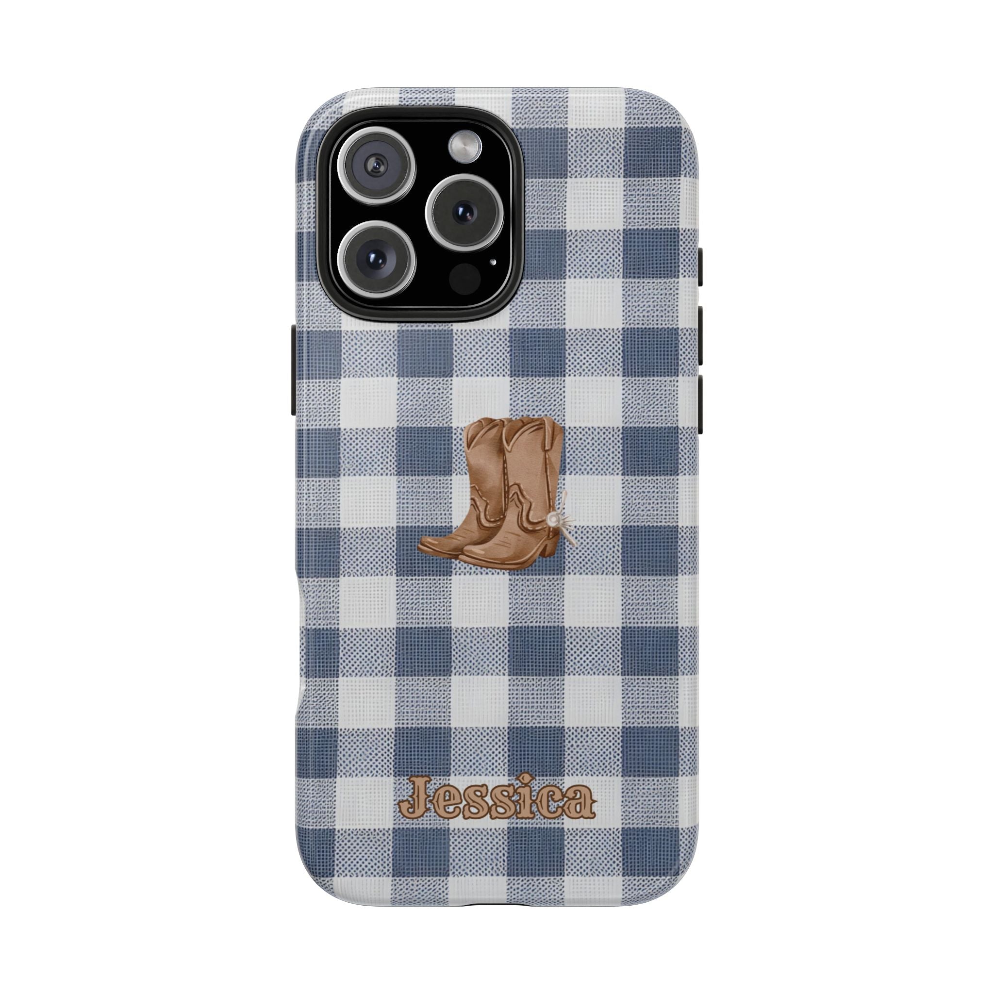 Personalized blue gingham phone case with cowboy boot and name Jessica