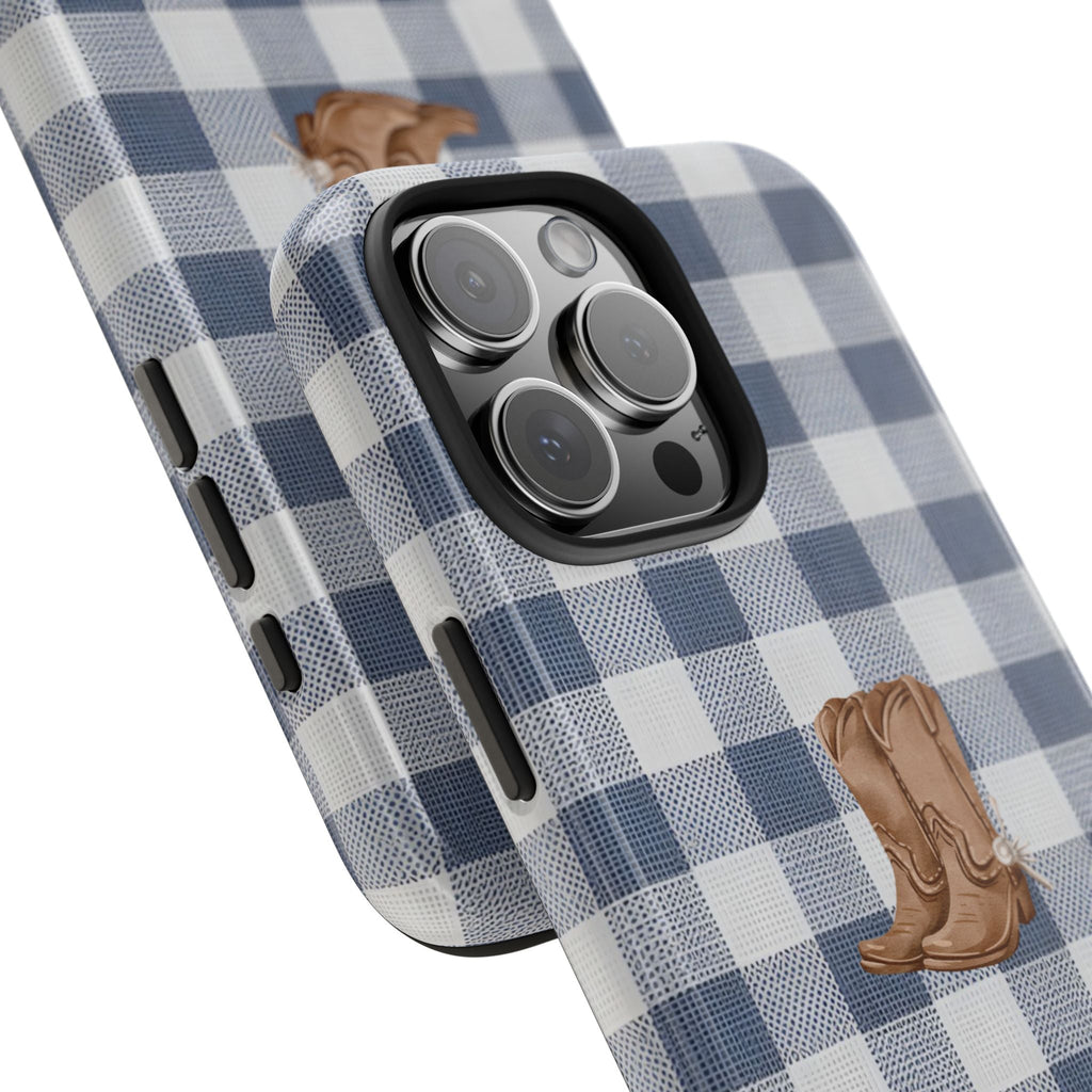 Blue gingham phone case with cowboy boot graphic, camera cutout detail