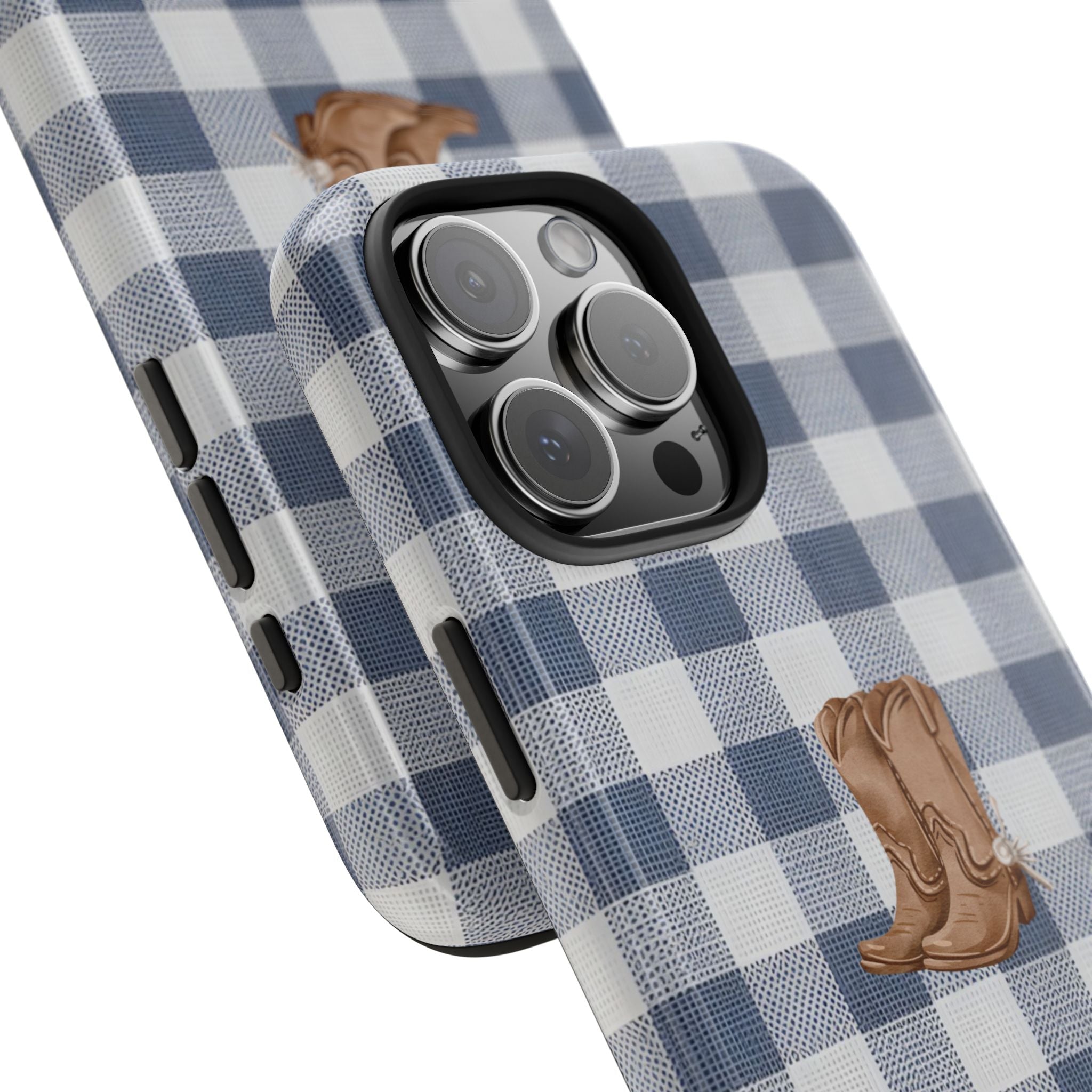 Blue gingham phone case with cowboy boot graphic, camera cutout detail