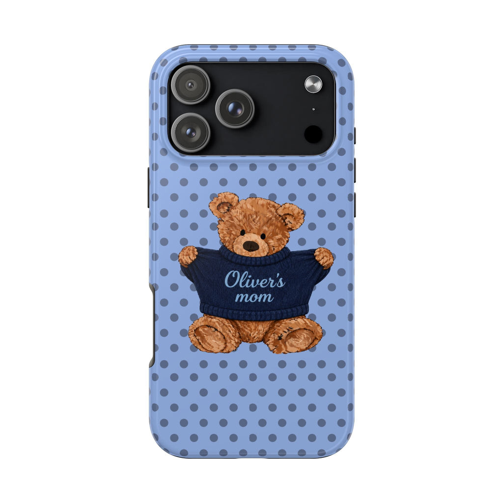 Light blue polka-dot phone case with teddy in 'Oliver's mom' sweater