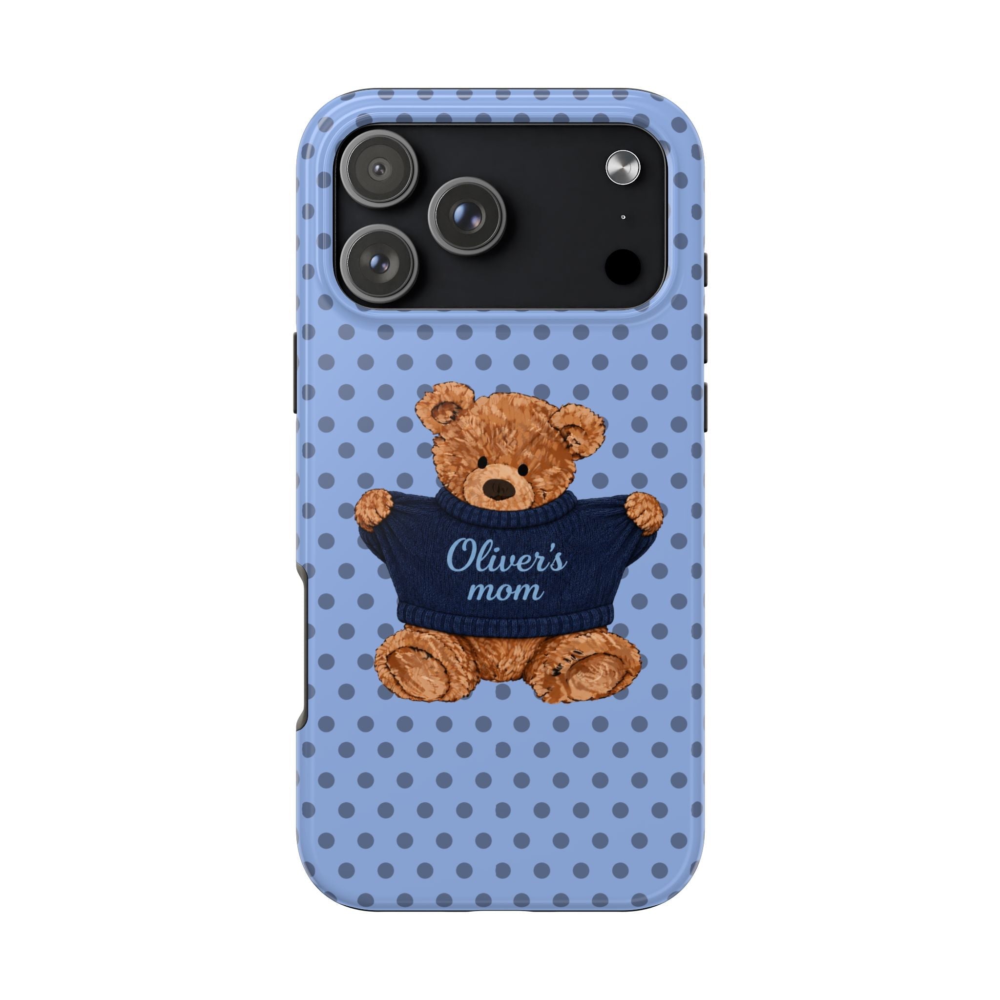 Light blue polka-dot phone case with teddy in 'Oliver's mom' sweater