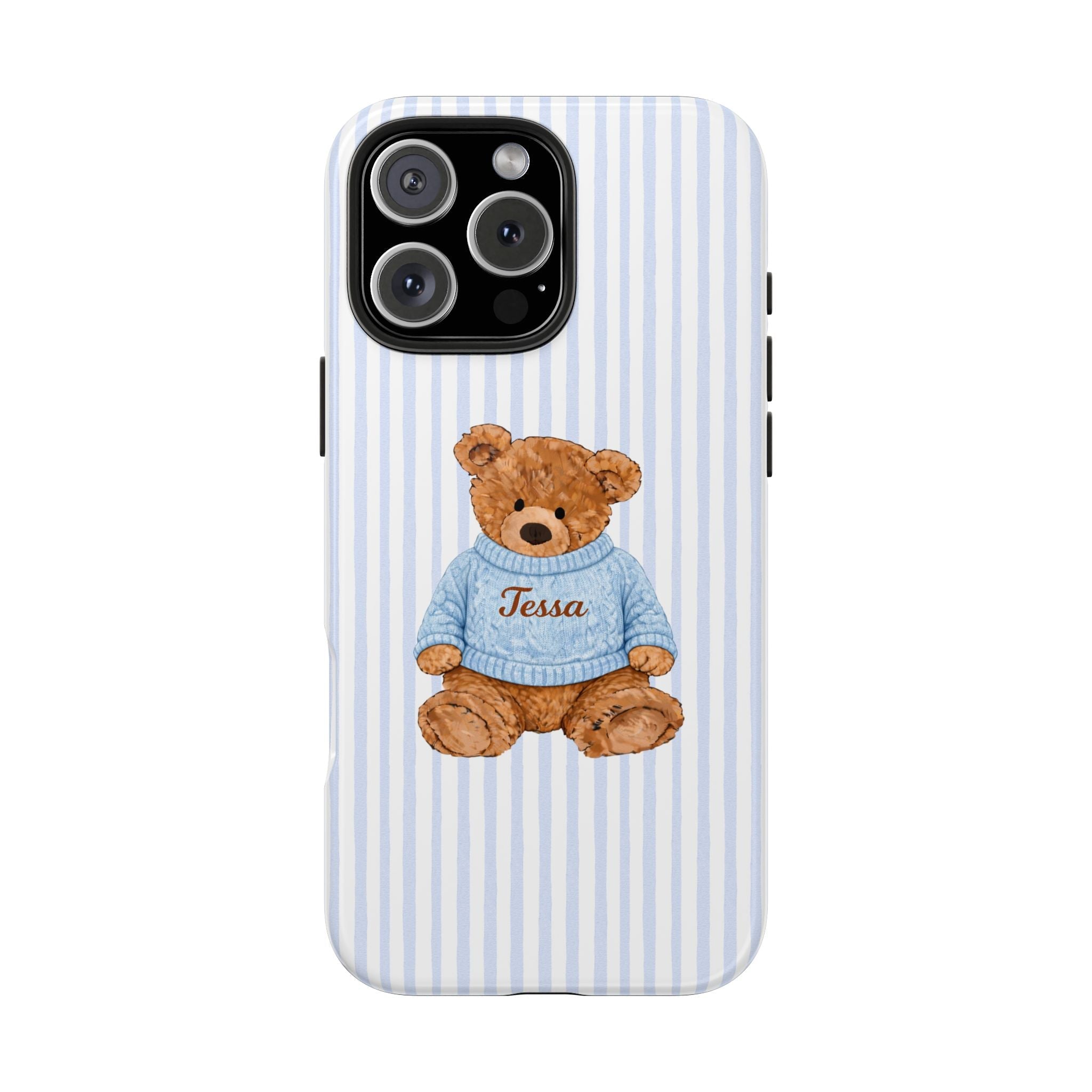 Personalized phone case with blue striped pattern and teddy bear in blue sweater, name Tessa