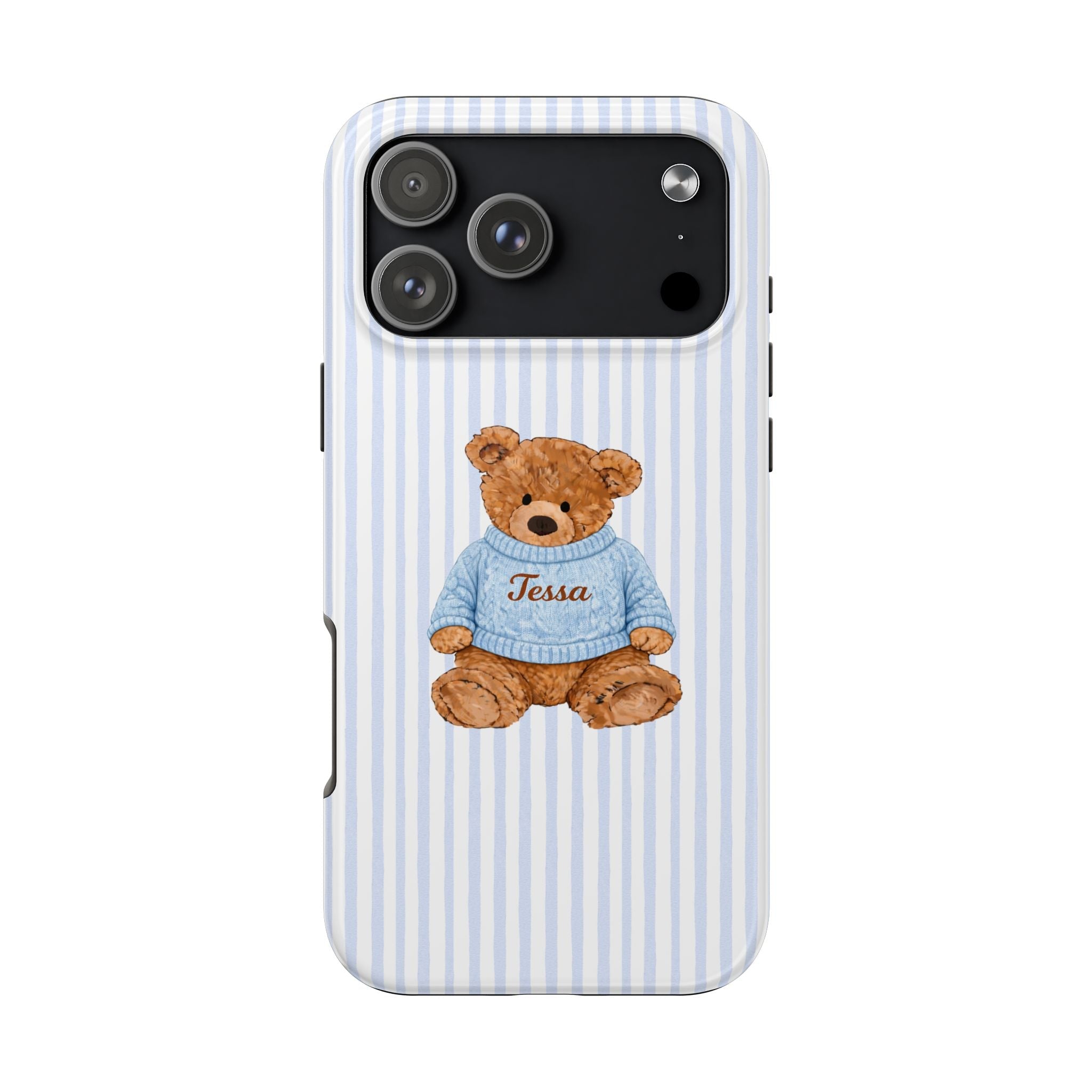 Blue striped phone case with teddy bear in blue sweater, cursive name Tessa over center