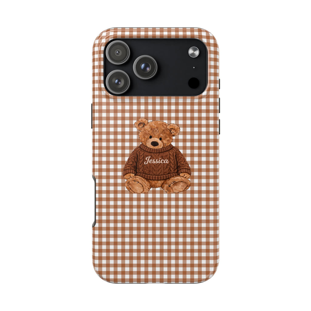 Brown gingham phone case with teddy bear and “Jessica” name, rear camera cutout