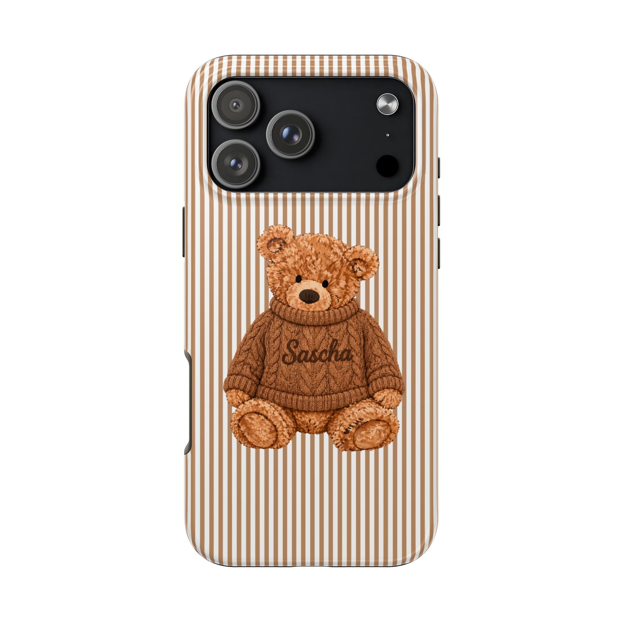Brown striped phone case with teddy bear and name Sascha on front