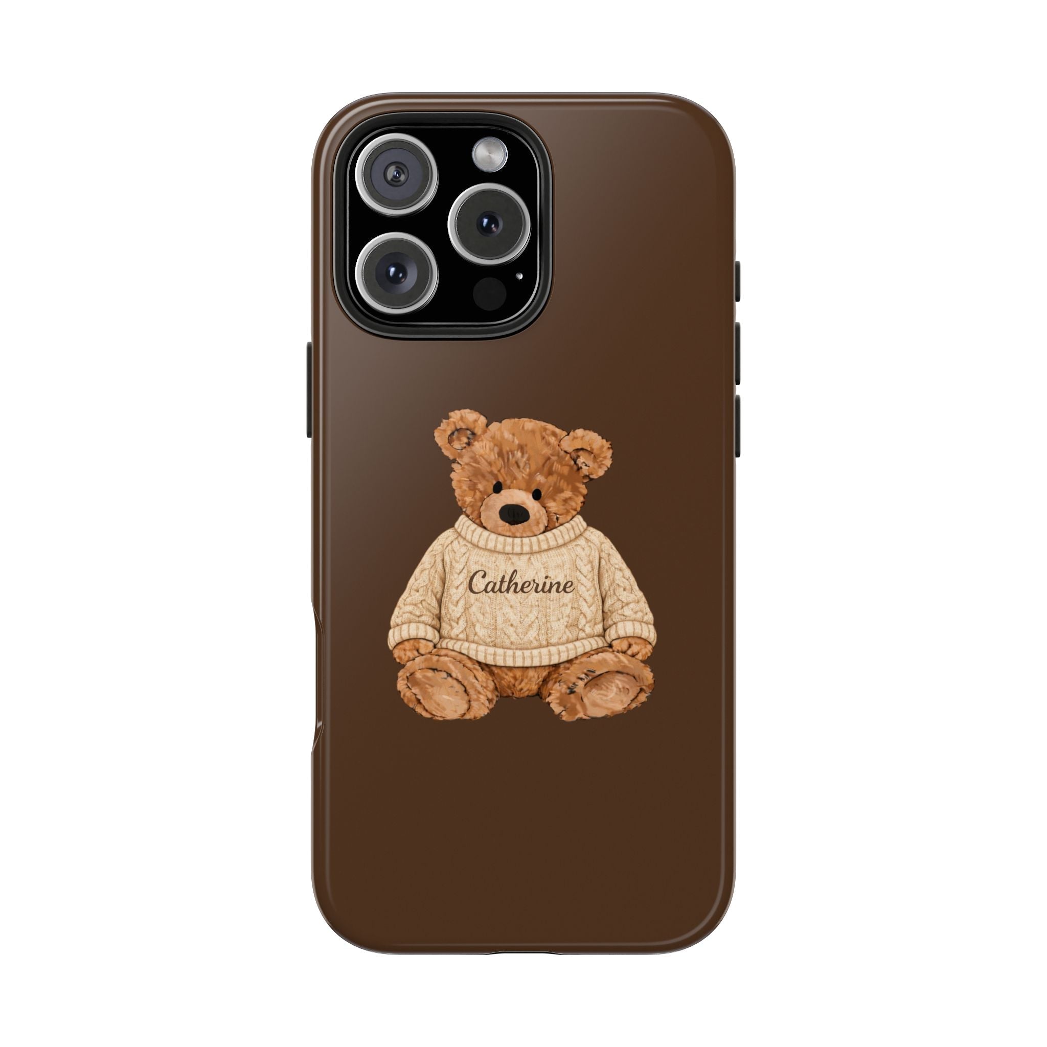 Brown teddy bear phone case with Catherine sweater print; centered bear illustration