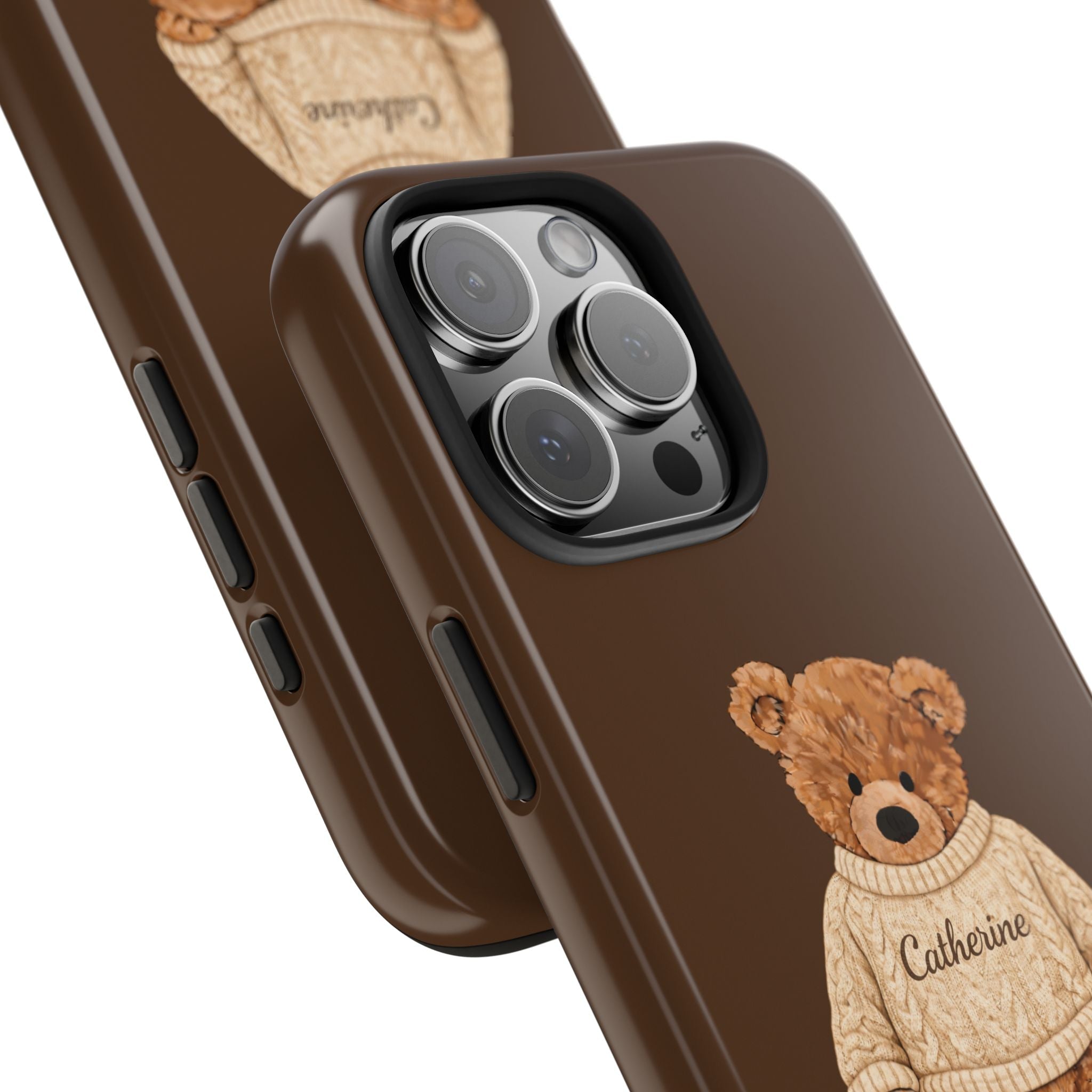 Brown teddy bear phone case angled close-up; Catherine print with camera lens cutouts