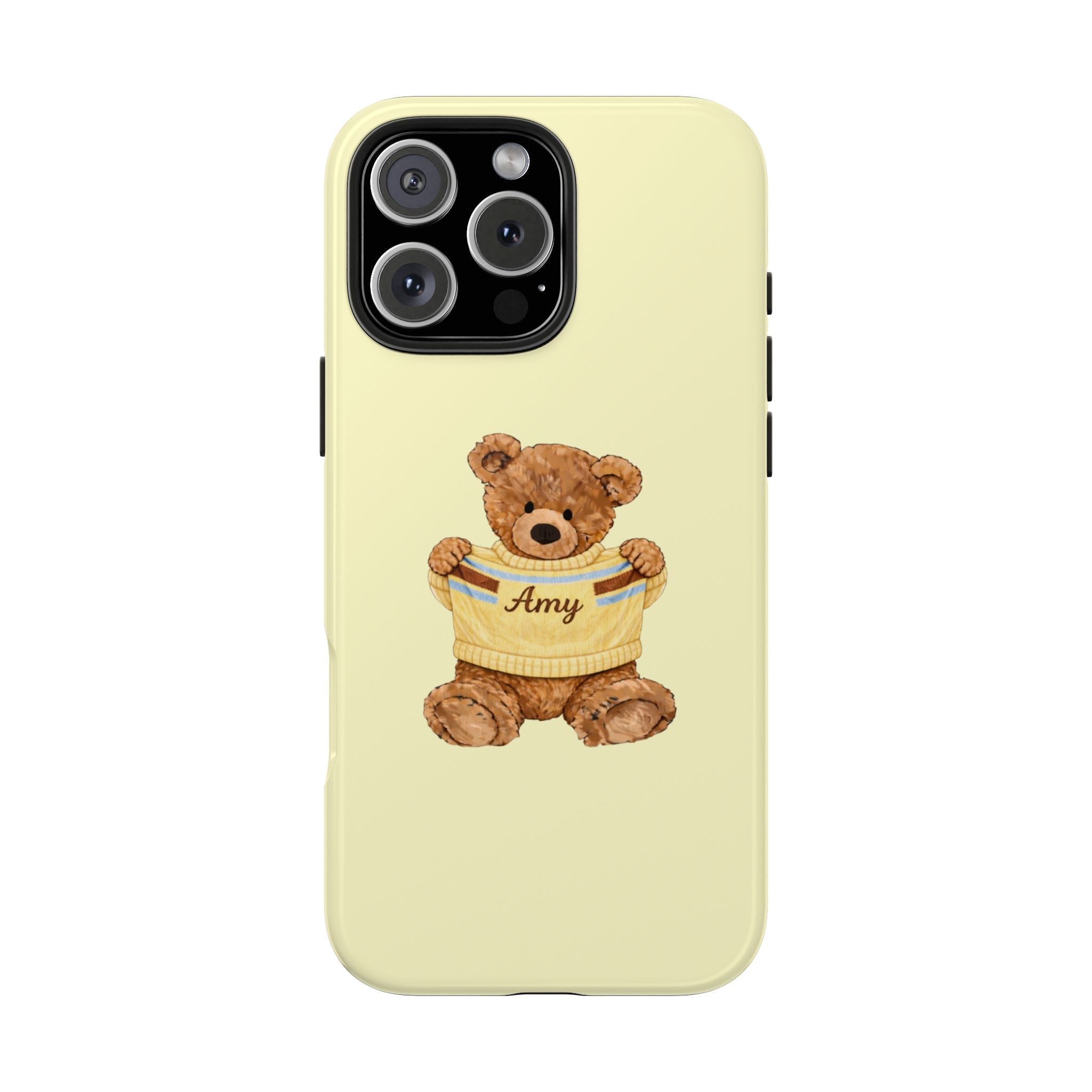 Butter yellow case with full teddy bear in sweater, embroidered name Amy