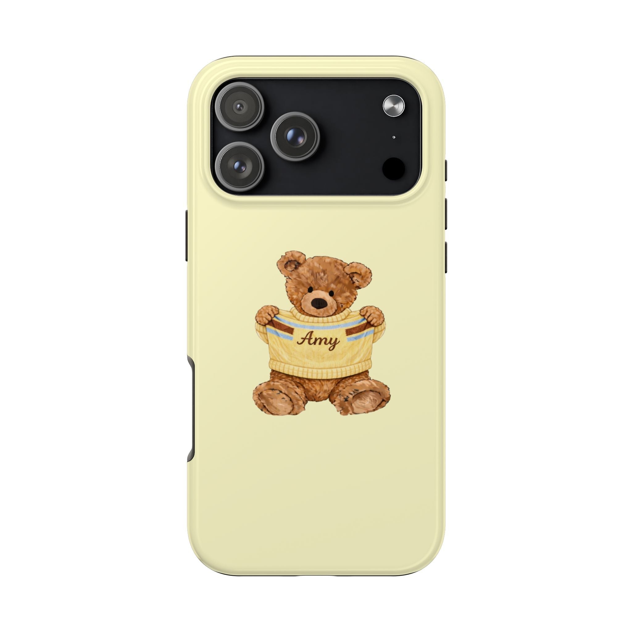 Butter yellow phone case with teddy bear sweater graphic, name Amy