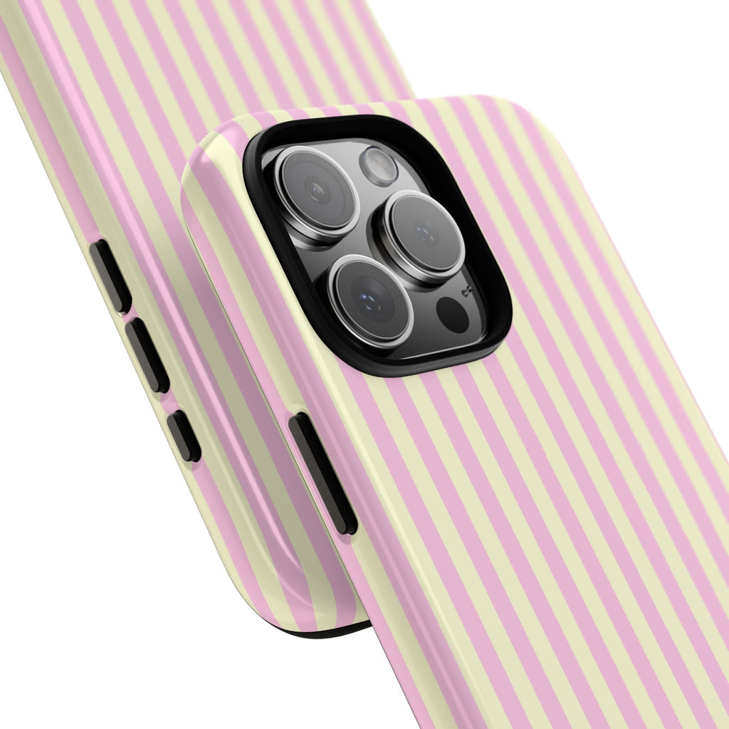 Personalized phone case angled view: pink/yellow striped back with EMMA and camera