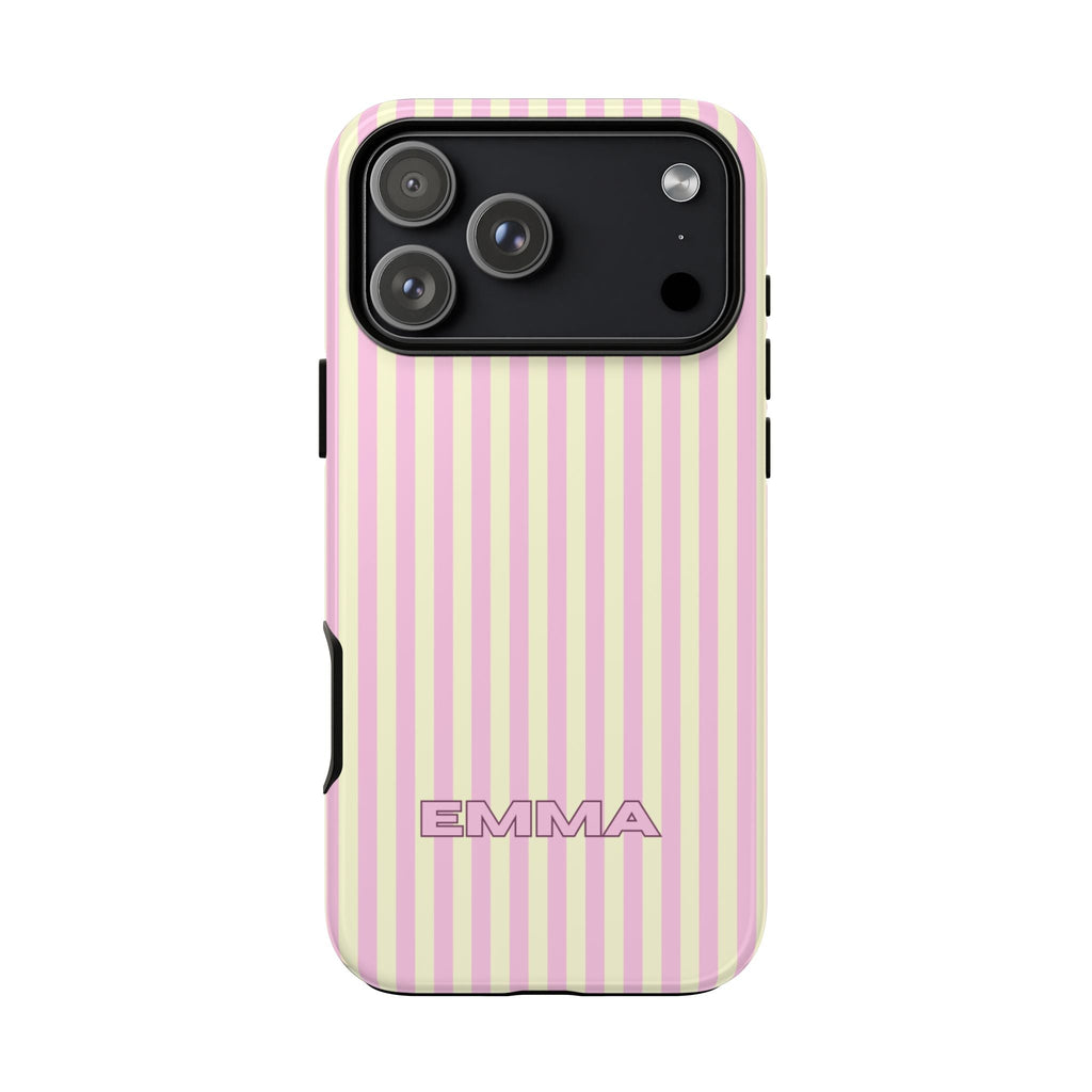 Personalized phone case, pink/yellow stripes and EMMA on back; camera cutouts