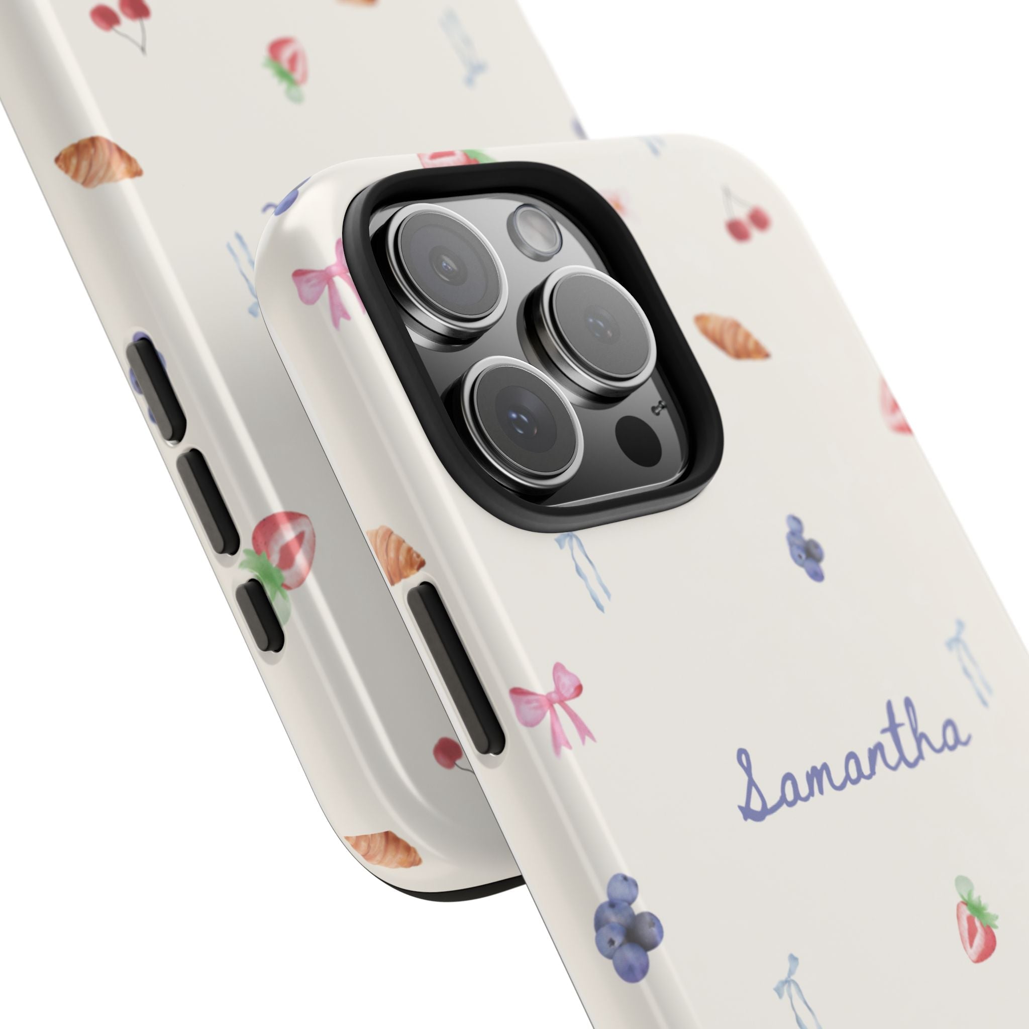 Personalized berry-pattern phone case with “Samantha” shown at an angle; camera cutouts