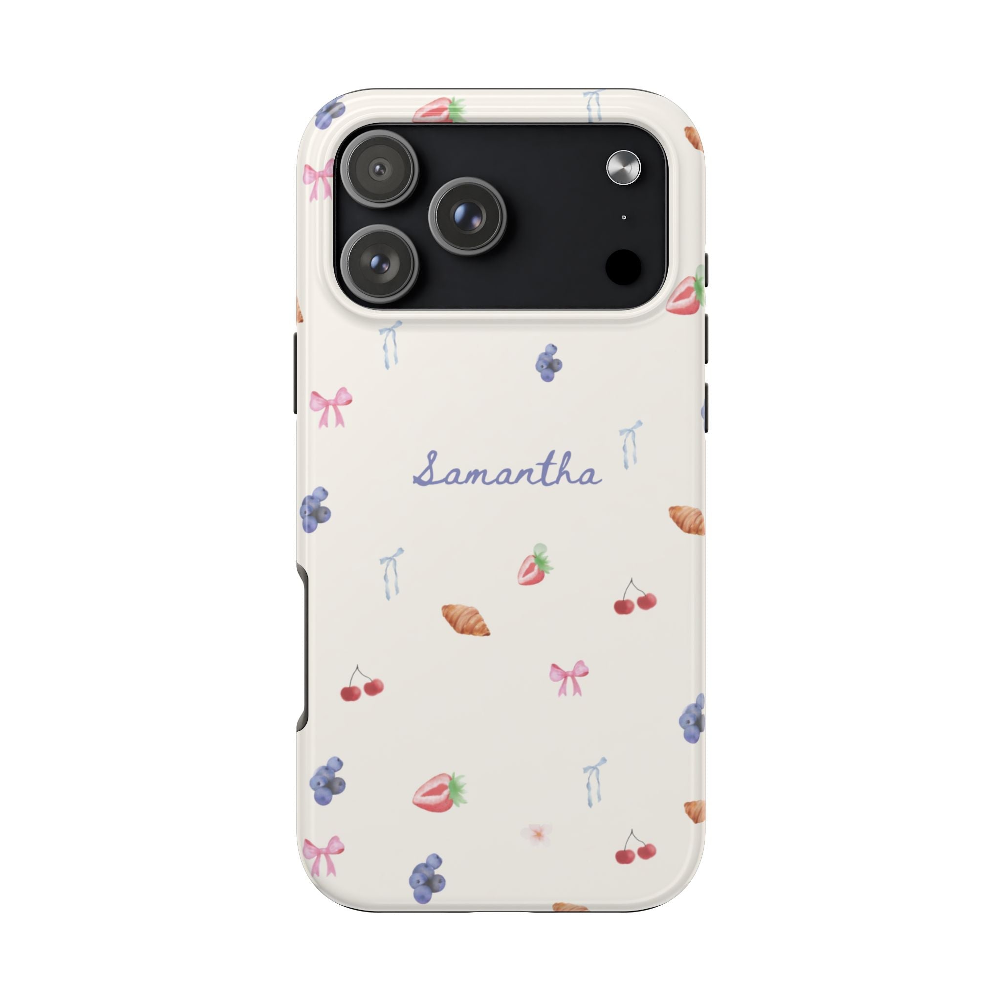 Sleek personalized phone case “Samantha” with colorful berry, bow, and fruit icons