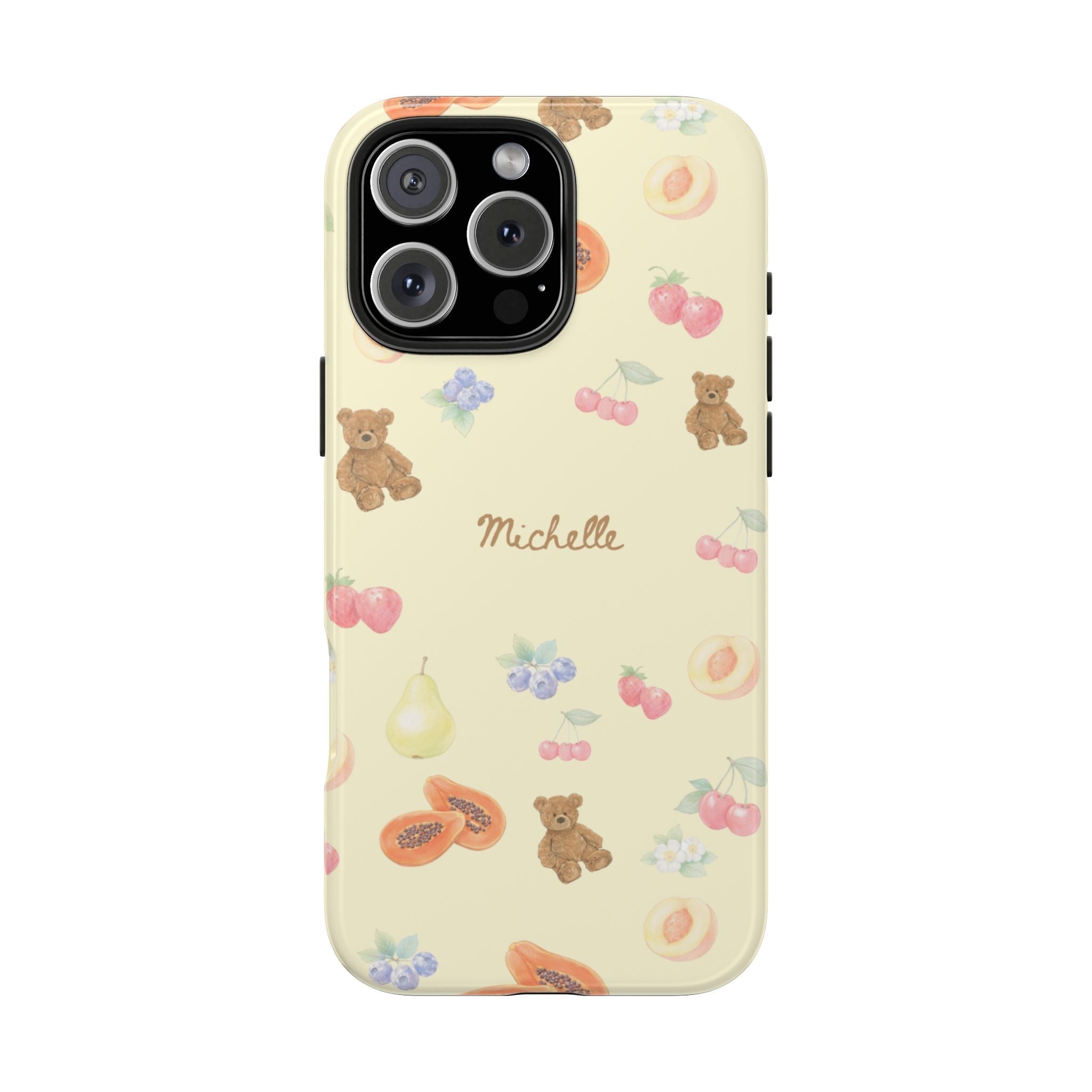 Berry bears phone case, cream background with name Michelle and fruit and flowers
