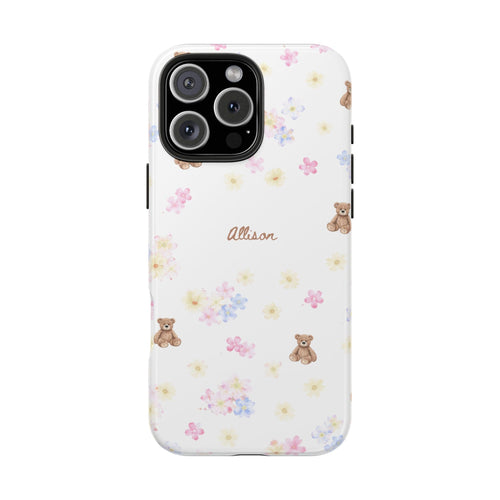 White phone case with pastel florals, teddy bears, and 'Allison' text; camera cutout