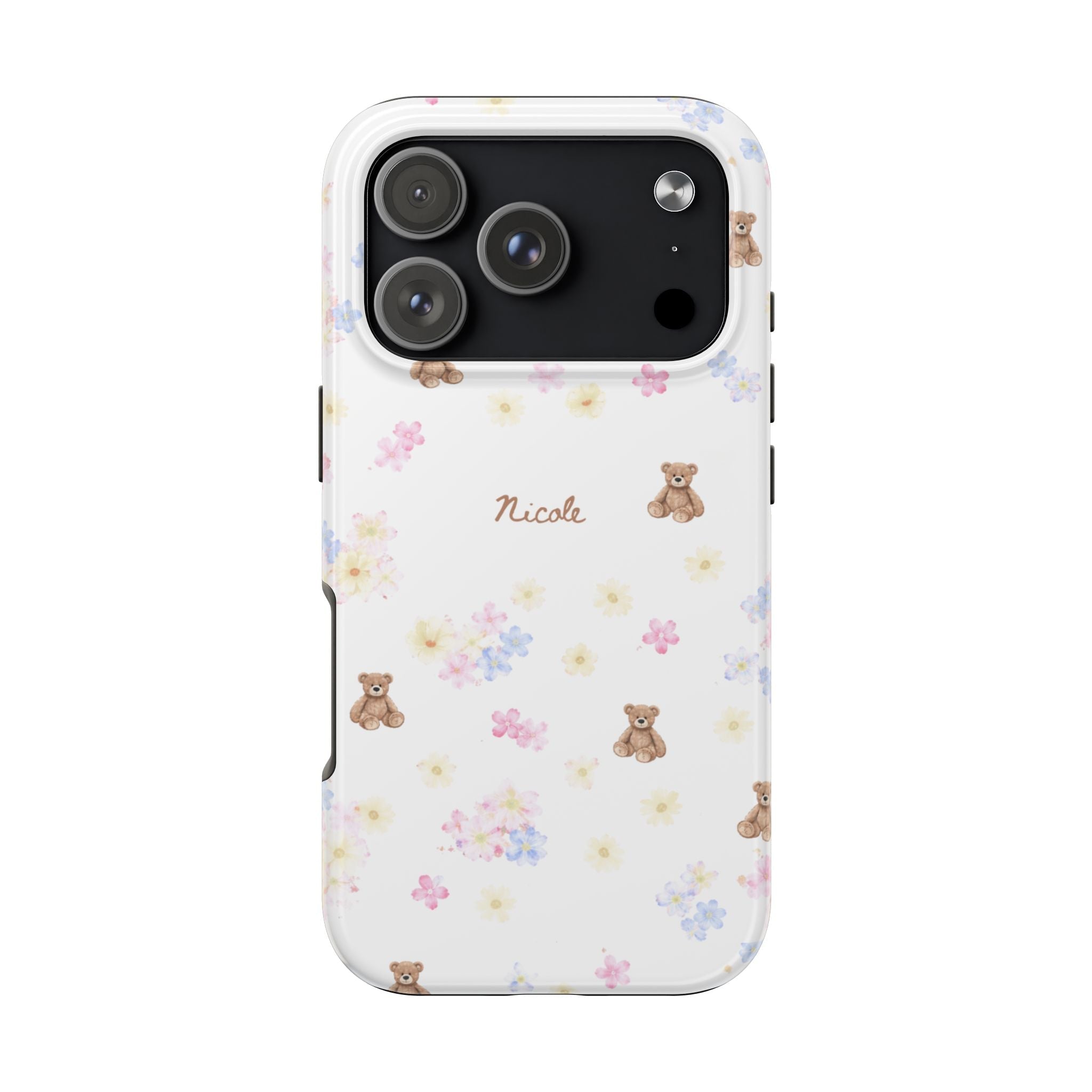 White phone case with pastel flowers and teddy bears; 'Nicole' name text and camera cutout