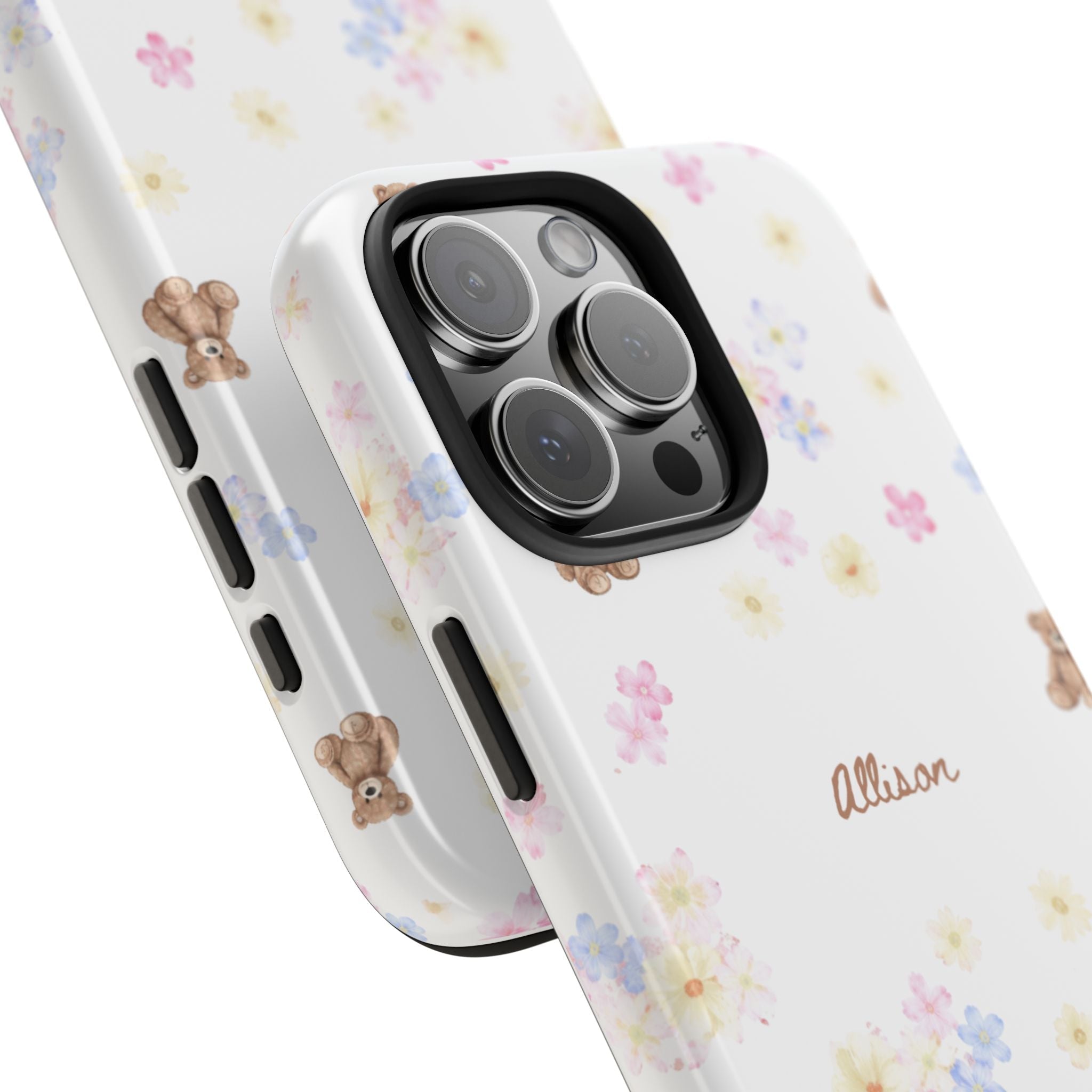 Angled white case with pastel florals and teddy bears; 'Allison' text, camera lens cutouts